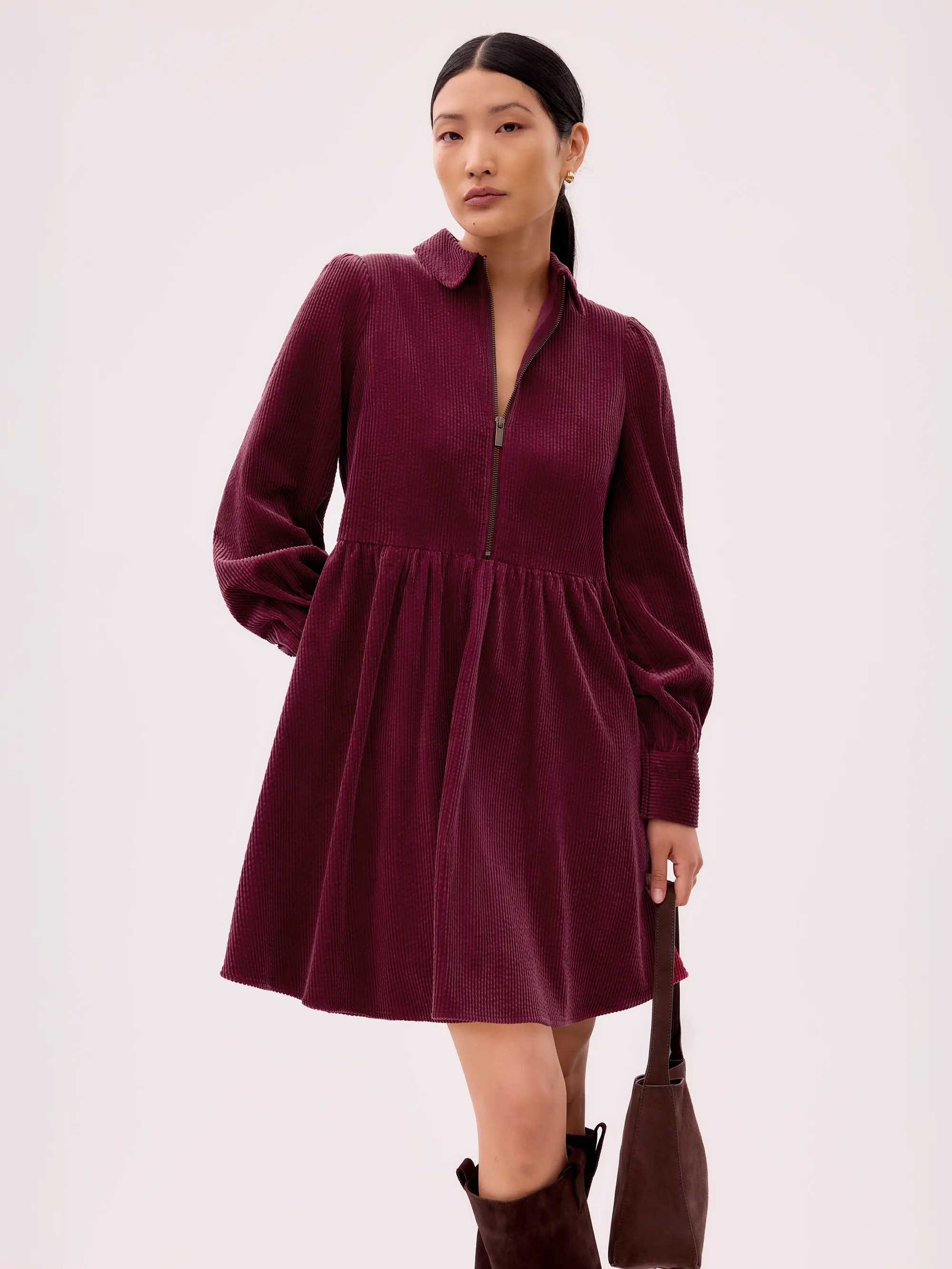 Burgundy Cord Zip Front Mini Dress - Image 4