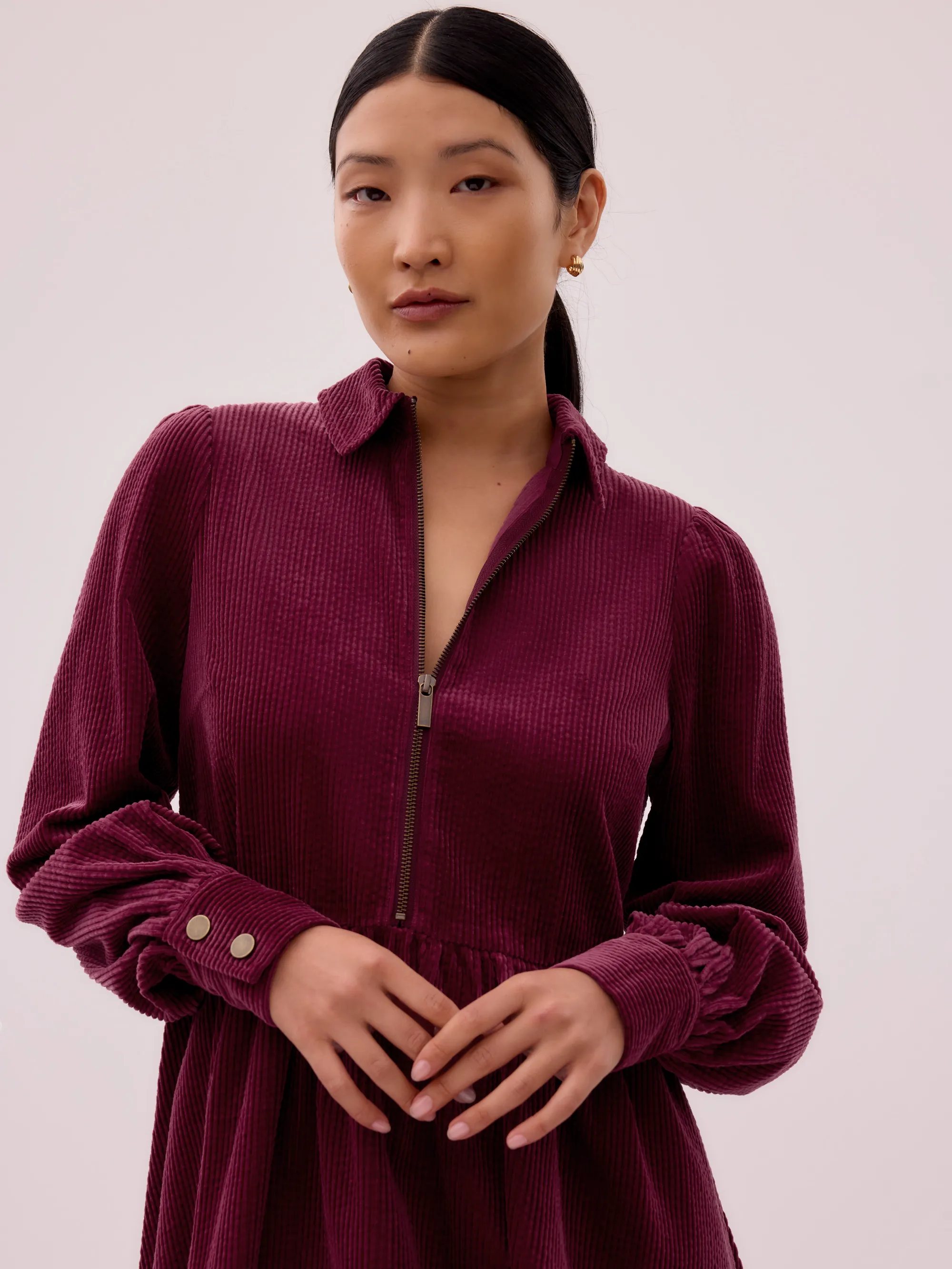 Burgundy Cord Zip Front Mini Dress - Image 5