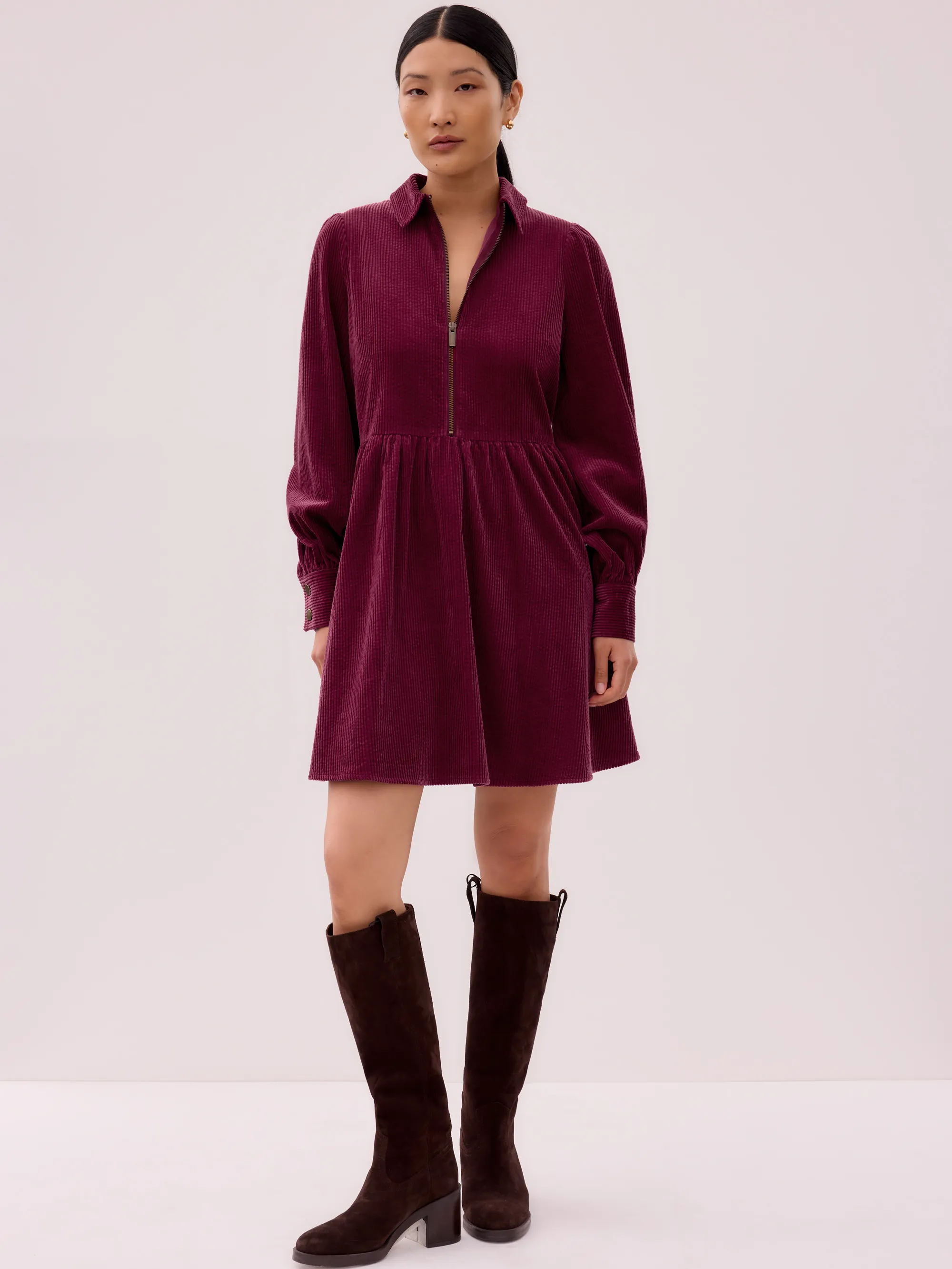 Burgundy Cord Zip Front Mini Dress - Image 6