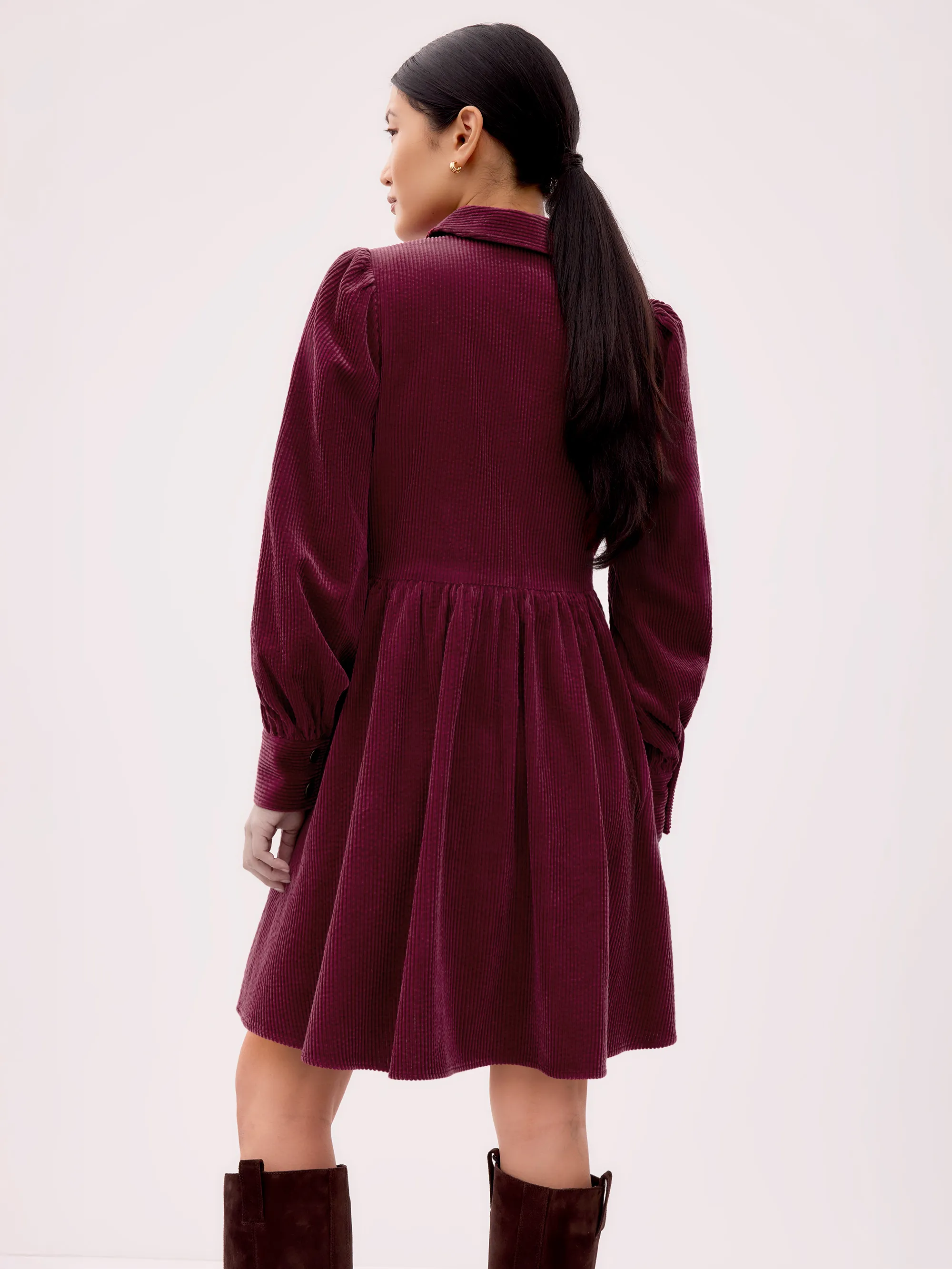 Burgundy Cord Zip Front Mini Dress - Image 7