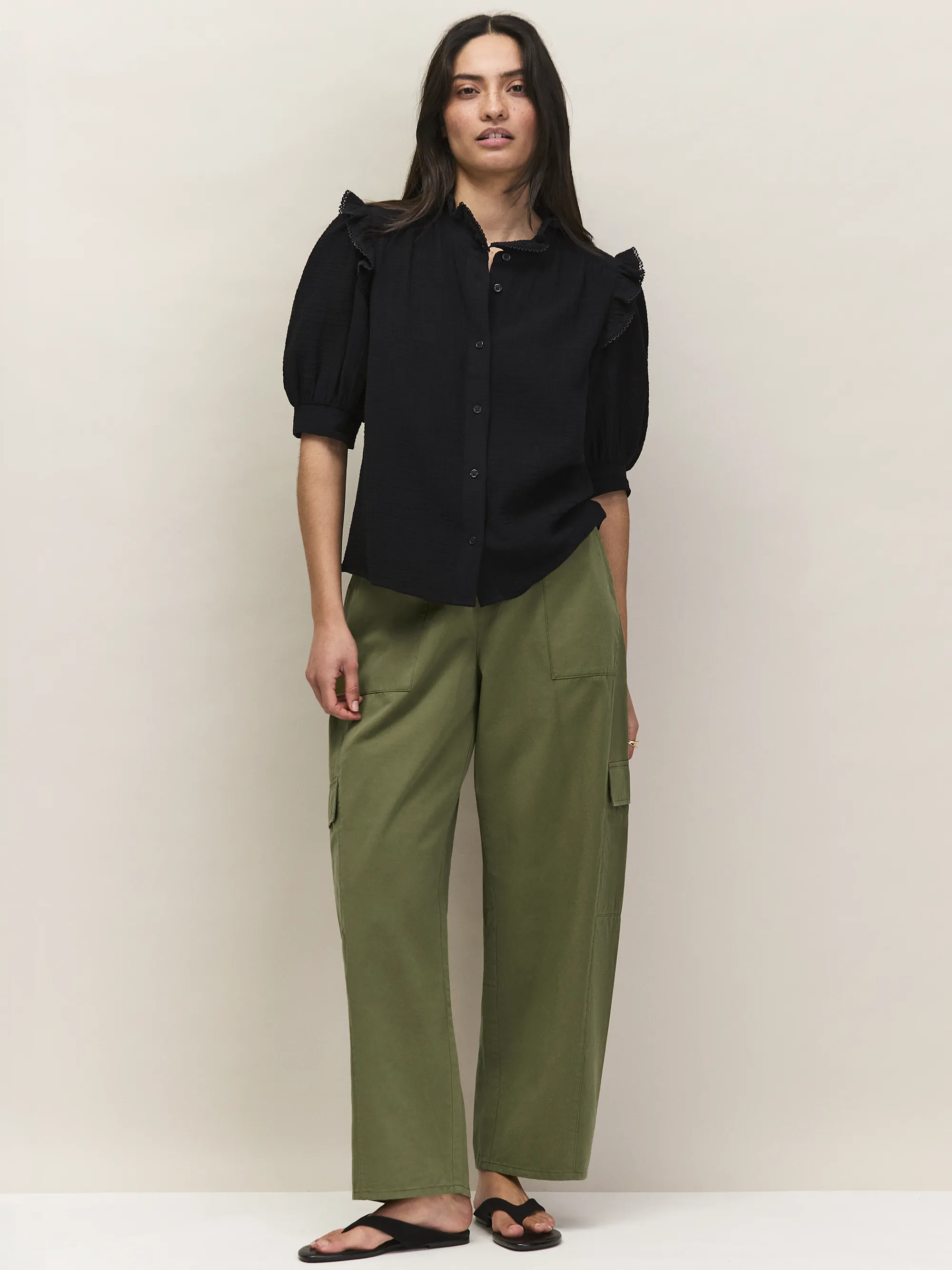Black Cheesecloth Frill Short Sleeve Shirt - Image 3