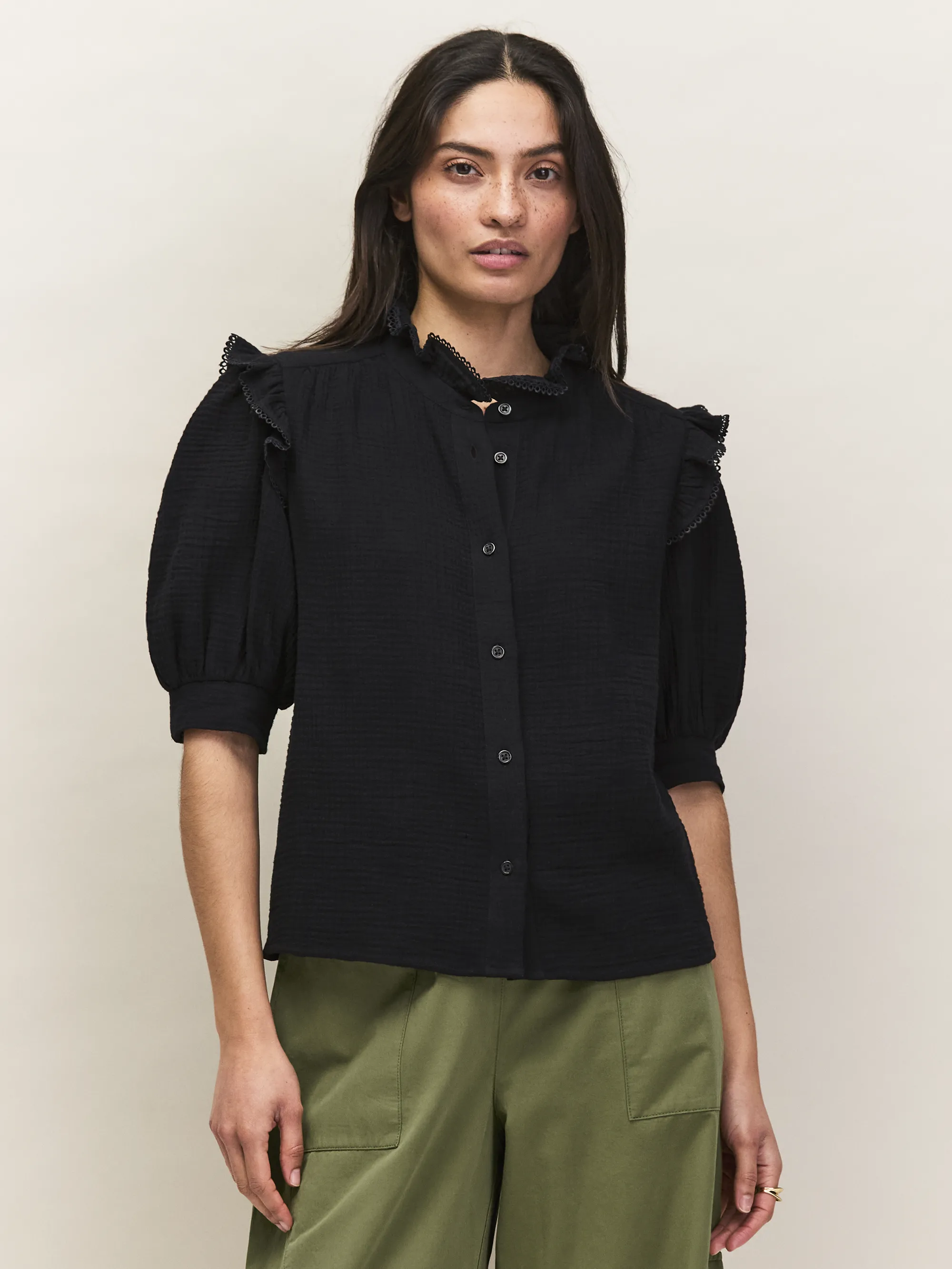 Black Cheesecloth Frill Short Sleeve Shirt - Image 4
