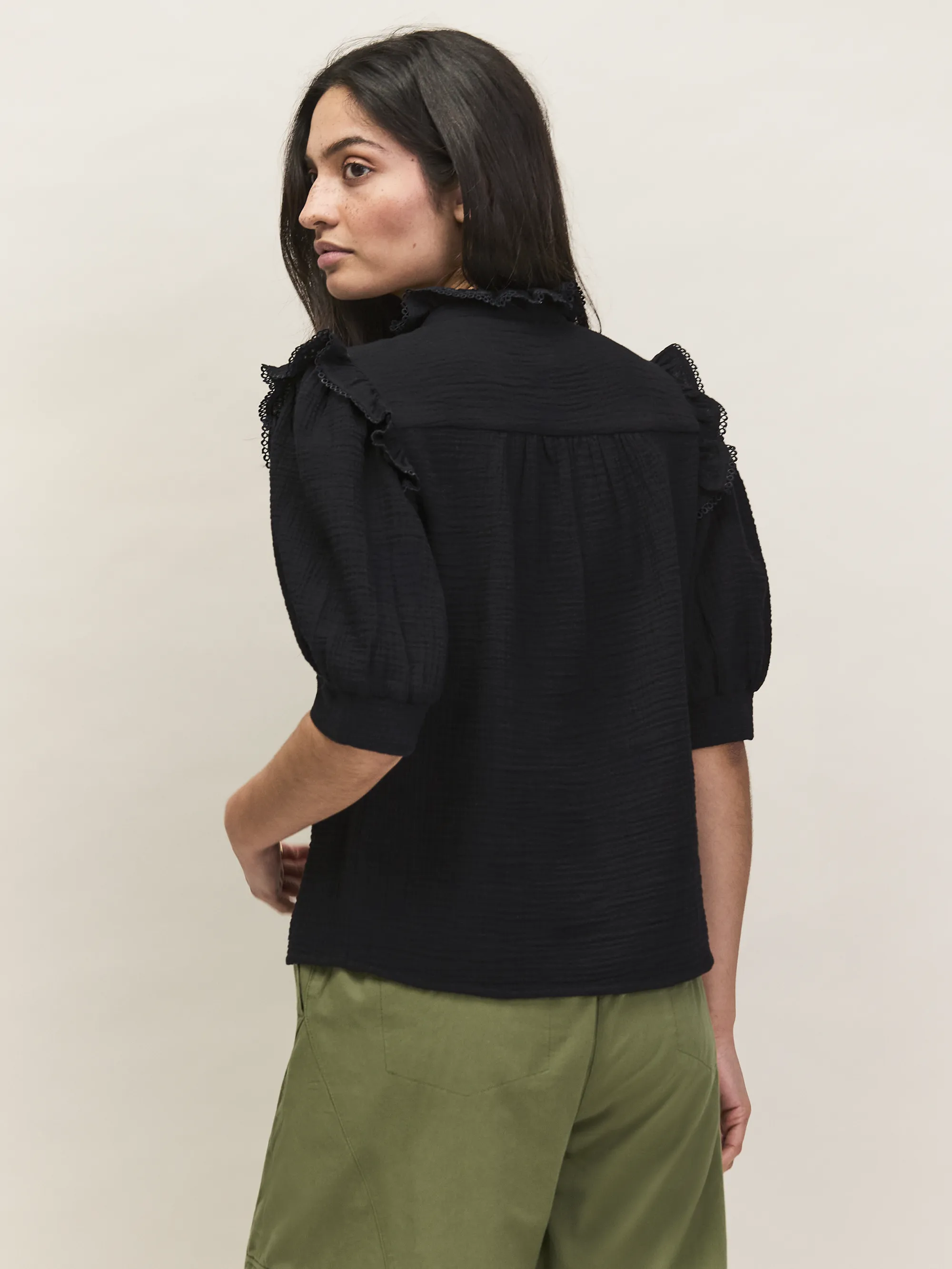 Black Cheesecloth Frill Short Sleeve Shirt - Image 5
