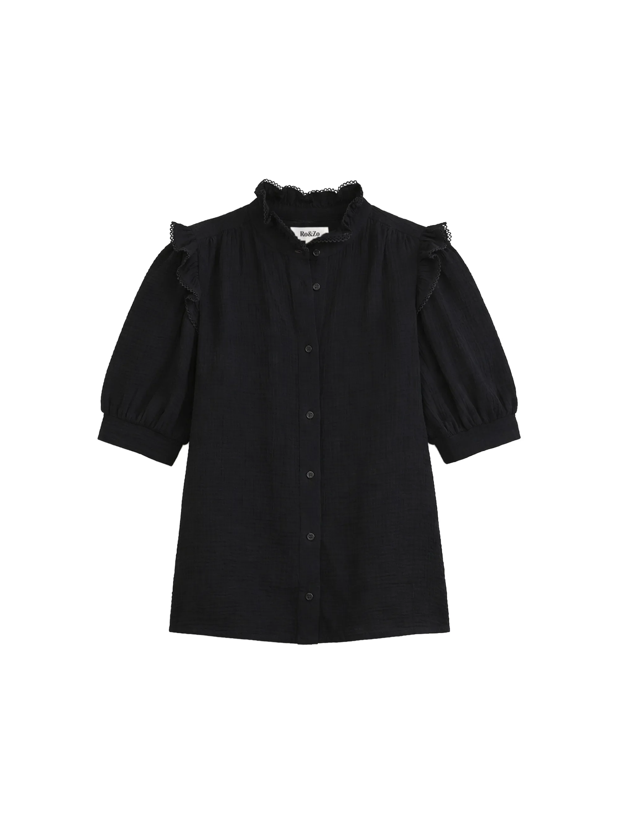 Black Cheesecloth Frill Short Sleeve Shirt - Image 6