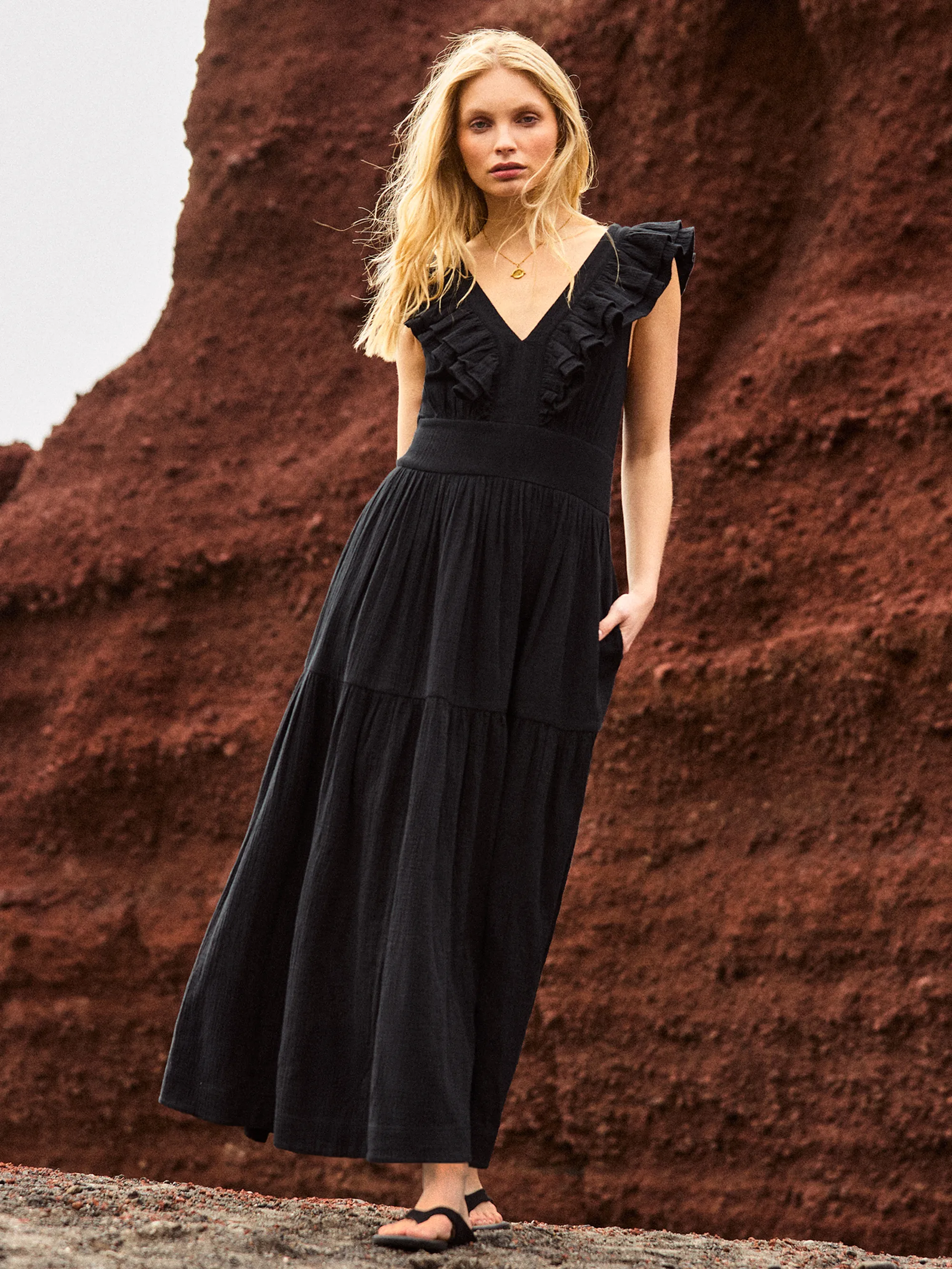 Black Cheesecloth Ruffle V-Neck Midi Dress - Image 4