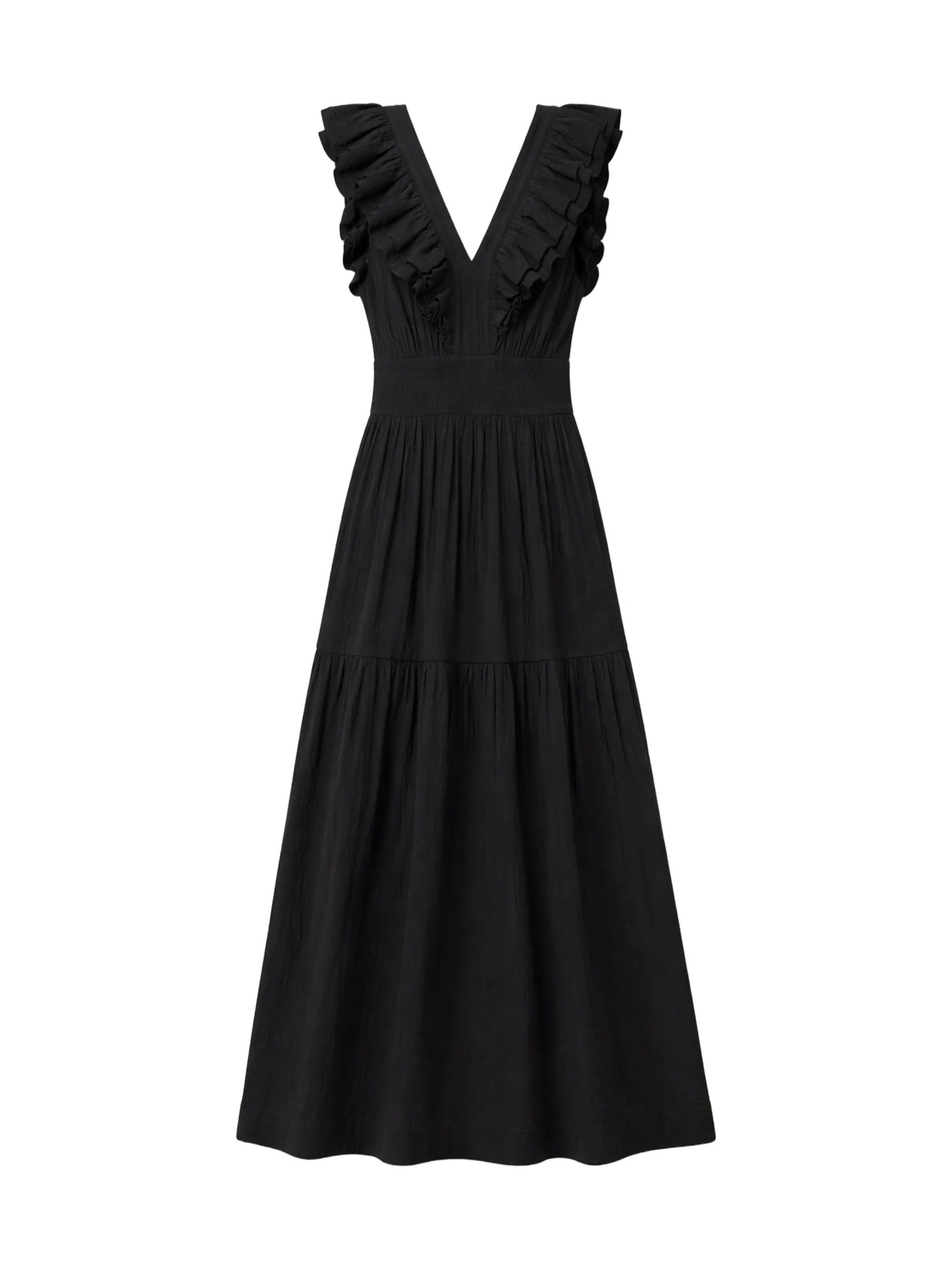 Black Cheesecloth Ruffle V-Neck Midi Dress - Image 6