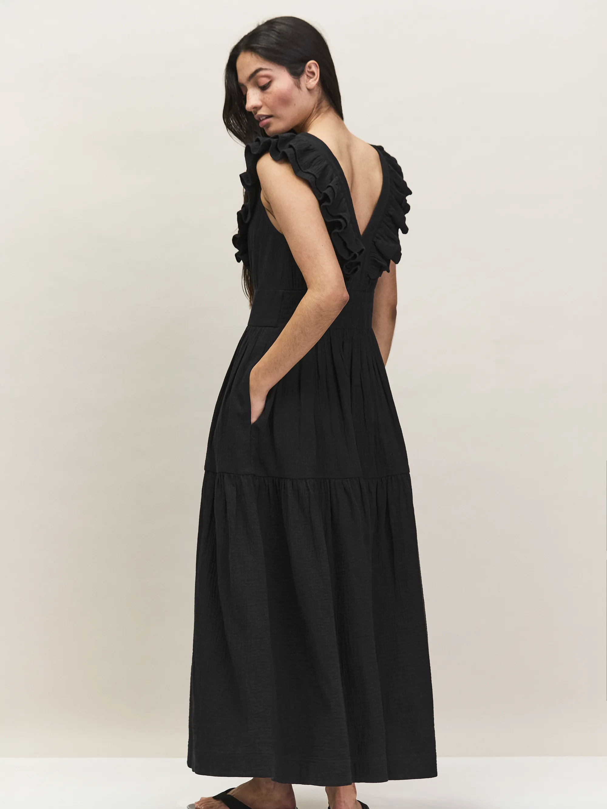 Black Cheesecloth Ruffle V-Neck Midi Dress - Image 7