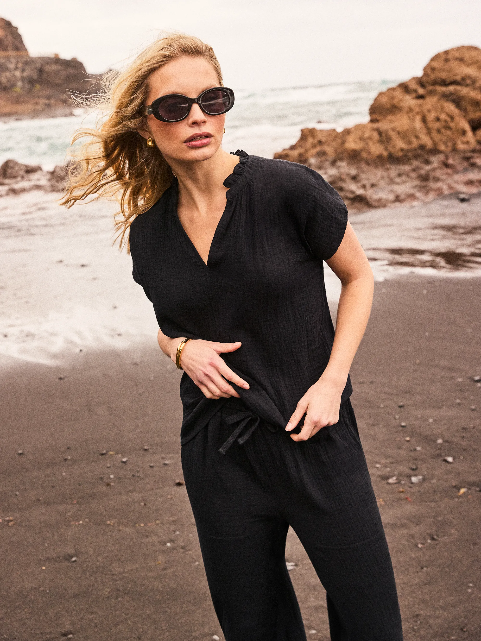 Black Frill-Neckline Cheesecloth Top - Image 3