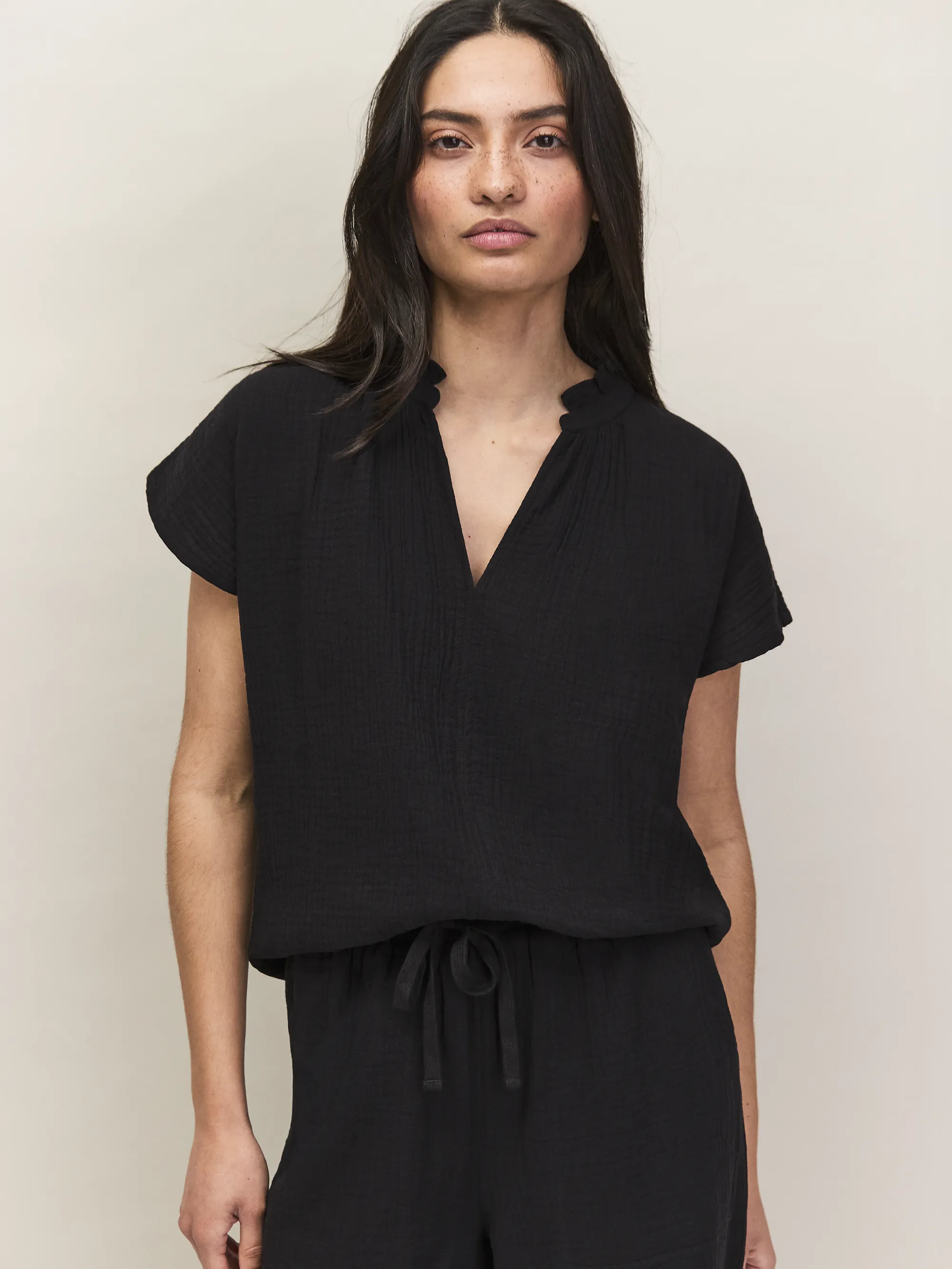 Black Frill-Neckline Cheesecloth Top - Image 4