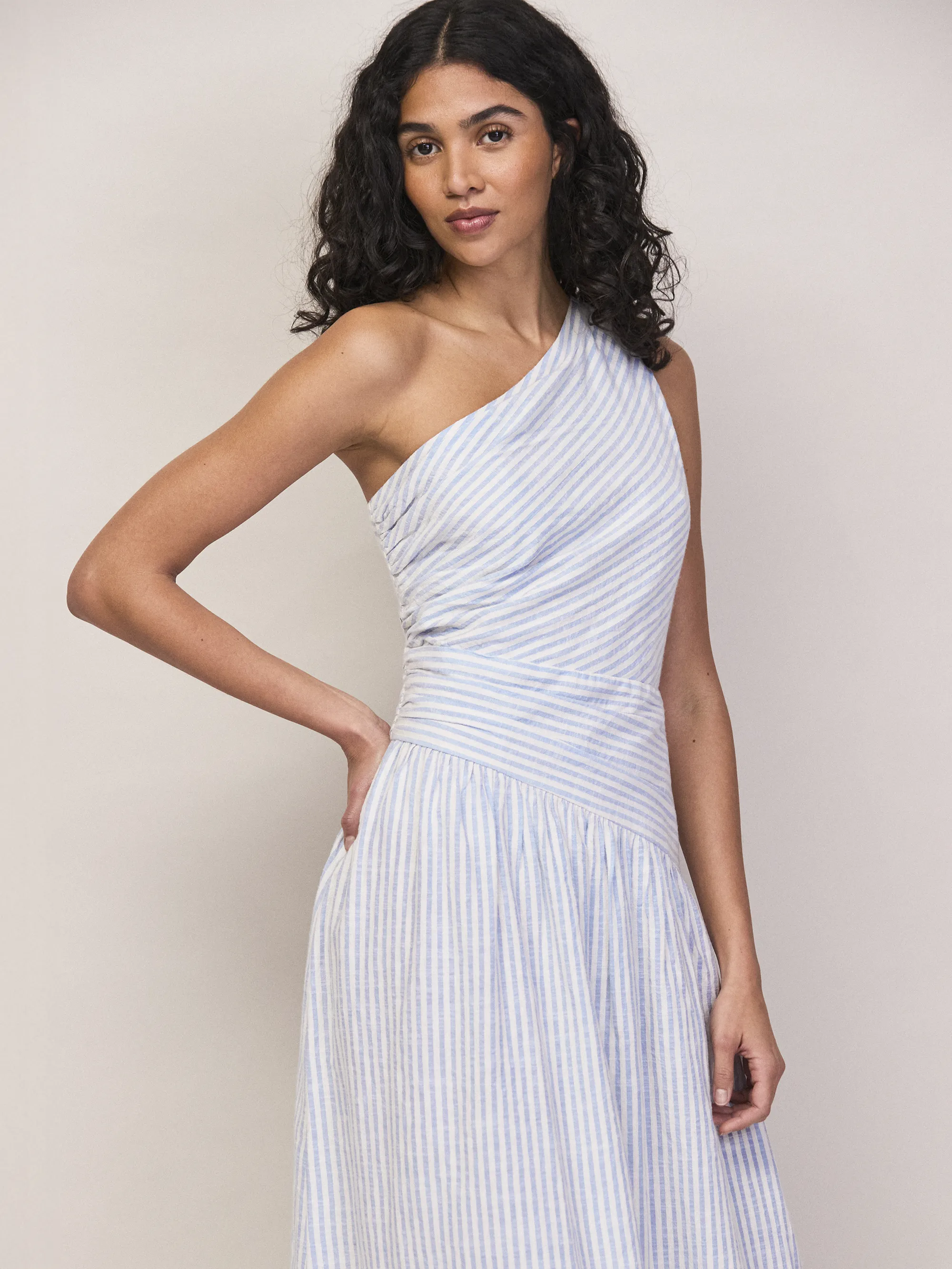 Blue And White Stripe Cotton One Shoulder Dress - Image 3