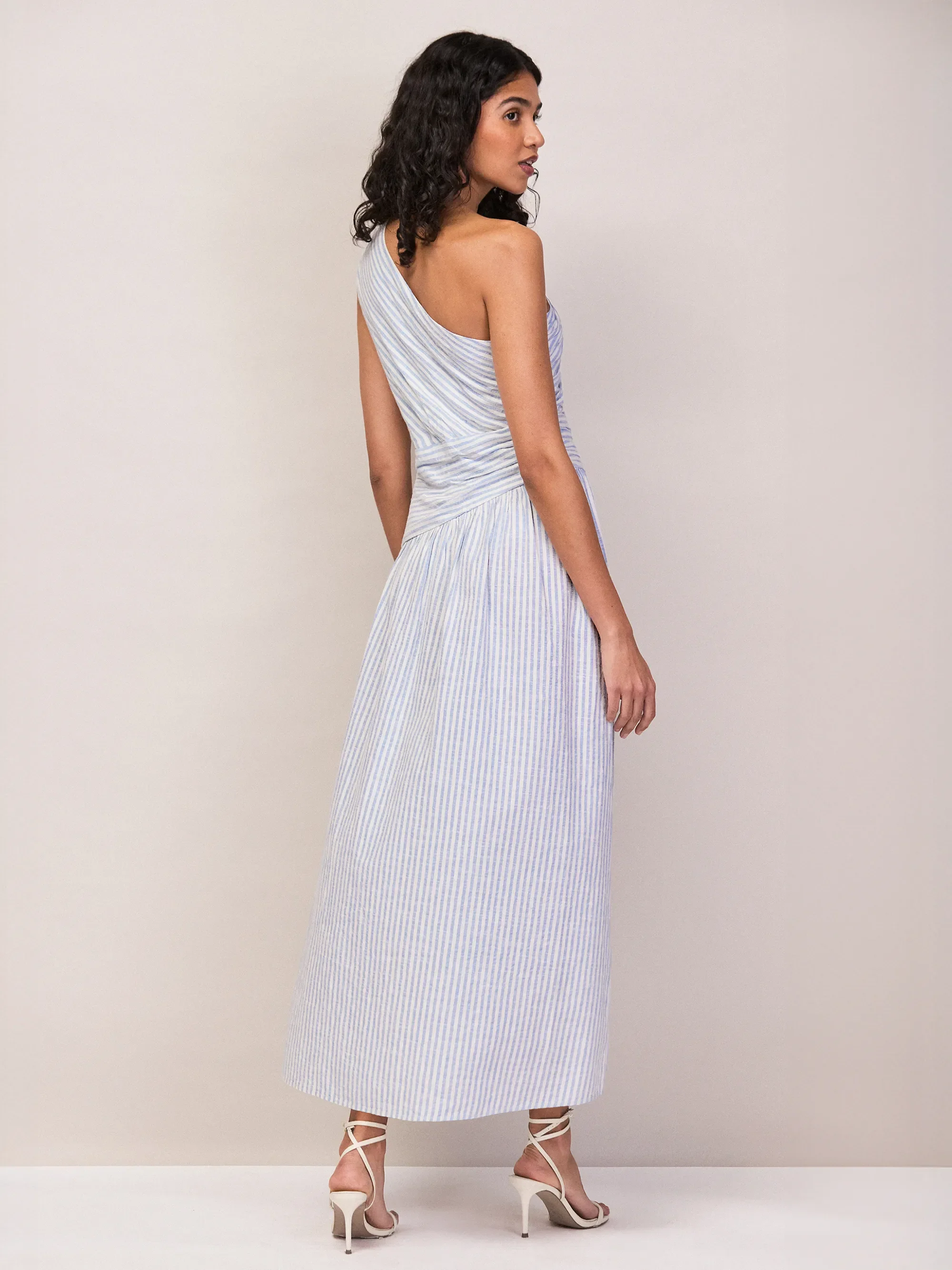 Blue And White Stripe Cotton One Shoulder Dress - Image 4