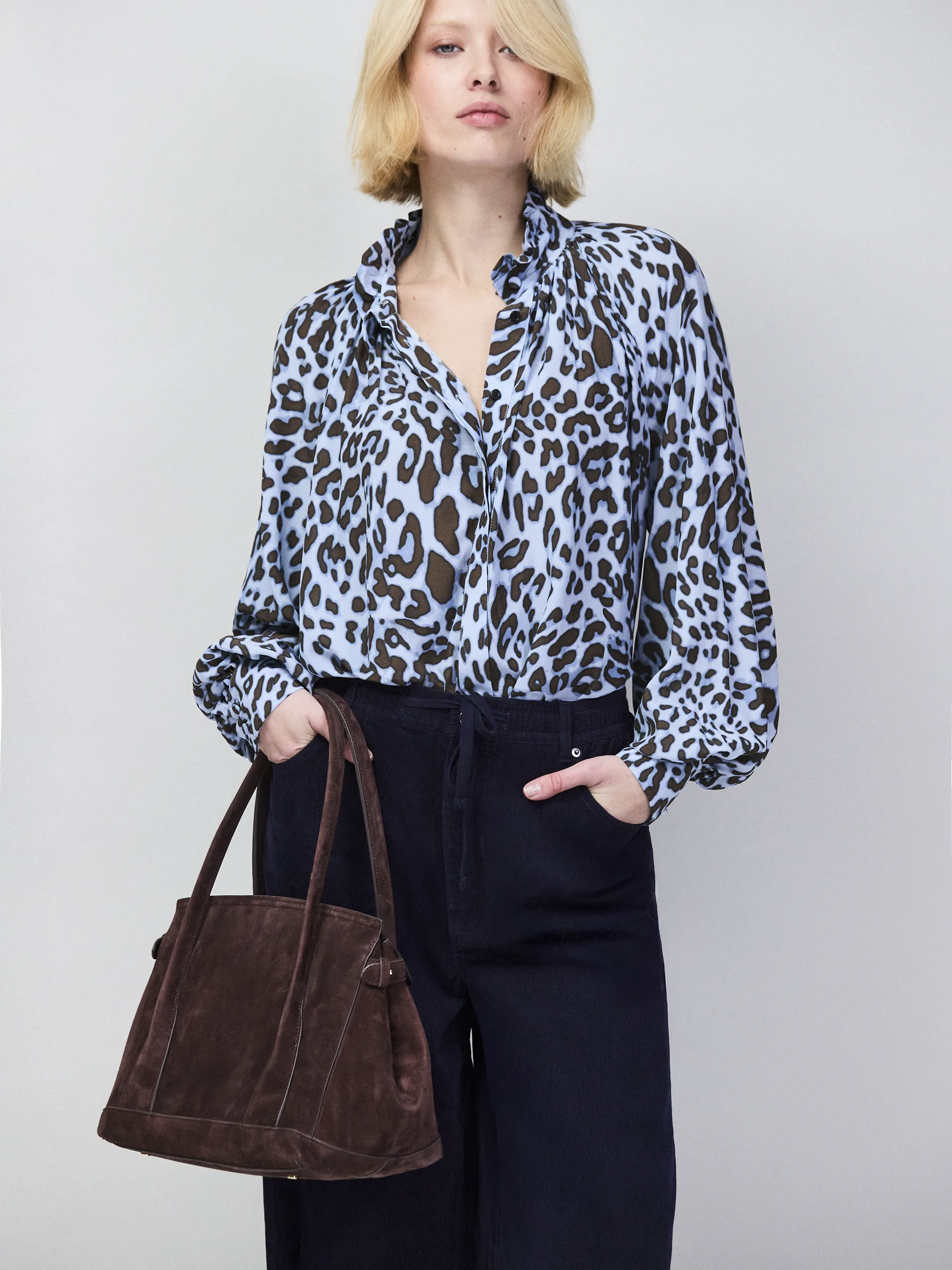 Blue Leopard-Print Ruffle-Neck Blouse - Image 4