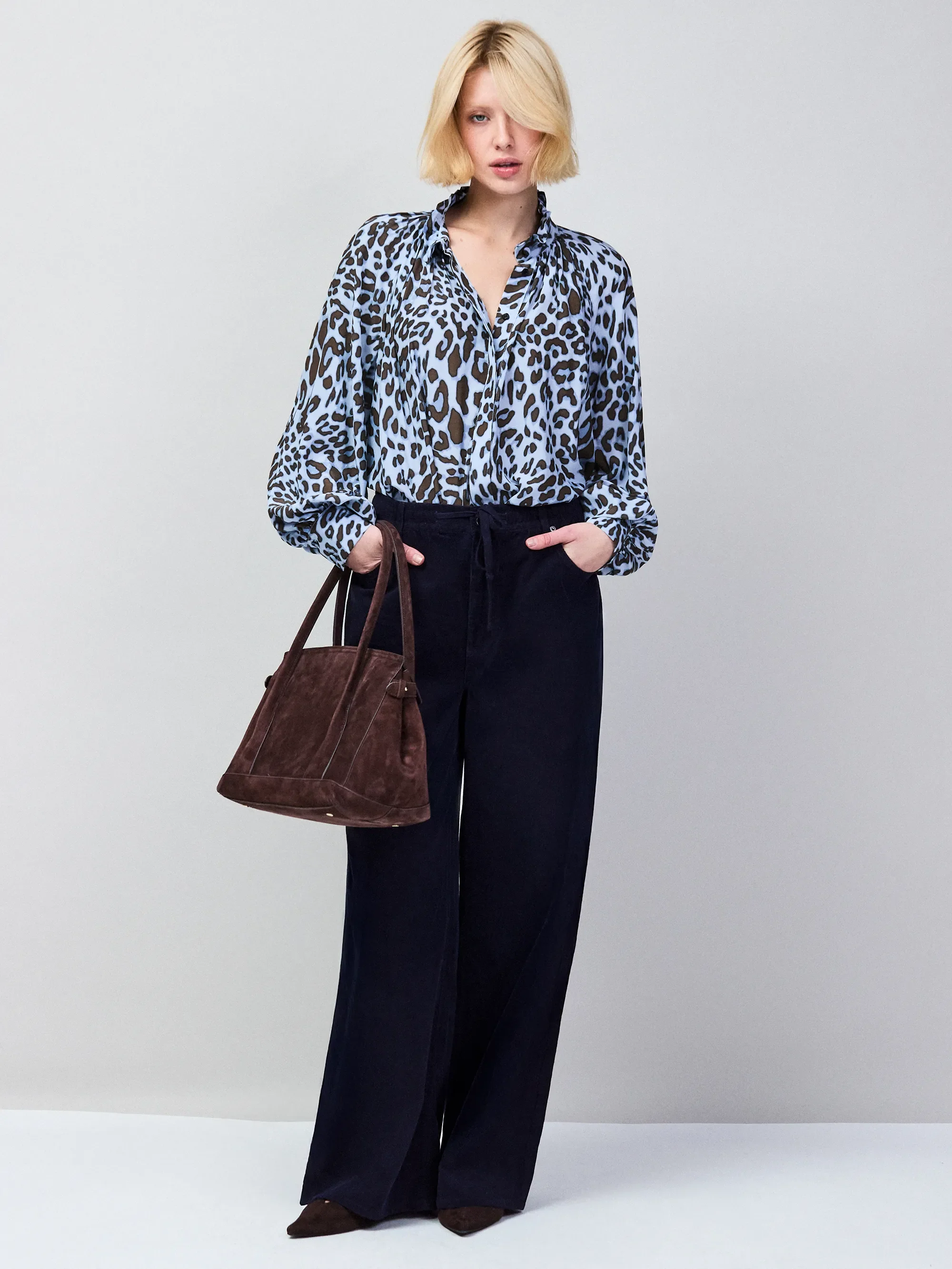Blue Leopard-Print Ruffle-Neck Blouse - Image 5