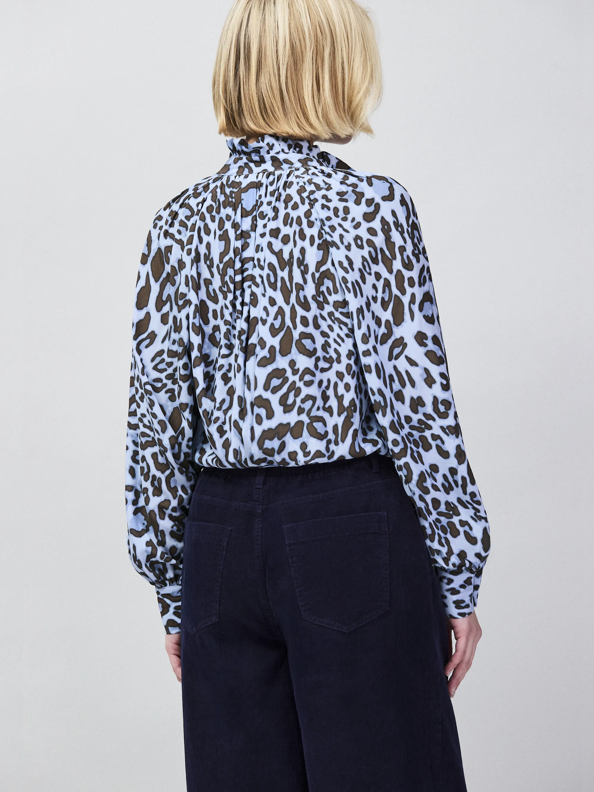 Blue Leopard-Print Ruffle-Neck Blouse - Image 6