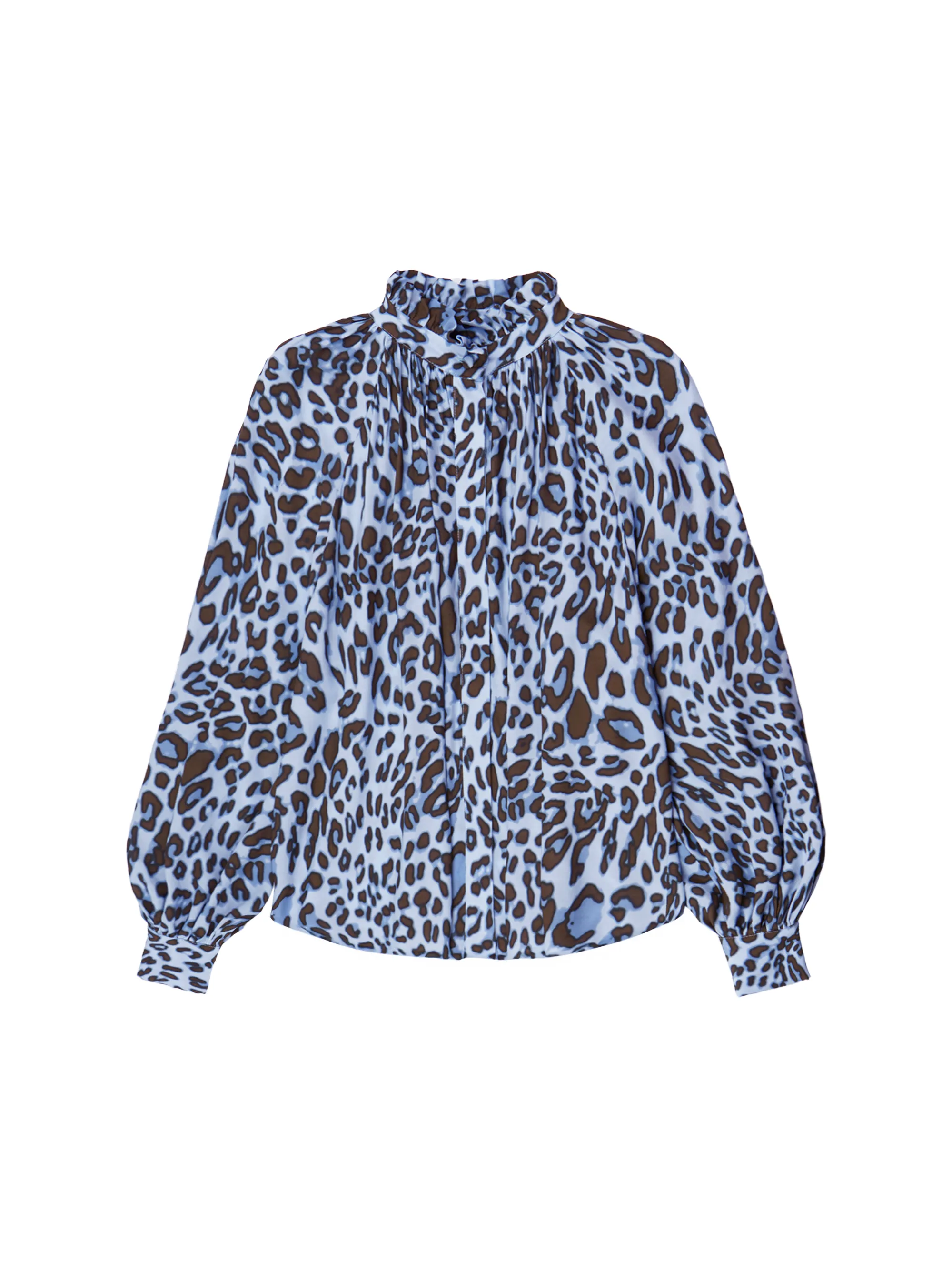 Blue Leopard-Print Ruffle-Neck Blouse - Image 7