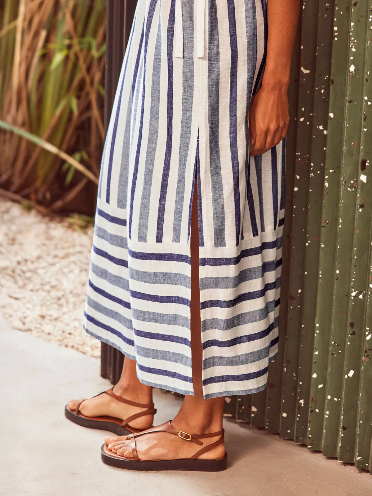 Blue Stripe Linen Blend Tie Waist Dress - Image 4