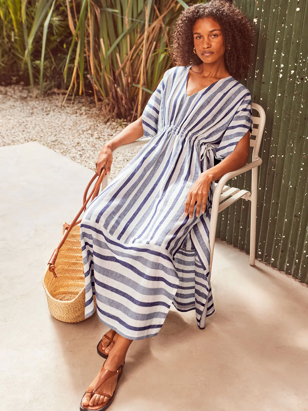 Blue Stripe Linen Blend Tie Waist Dress - Image 6
