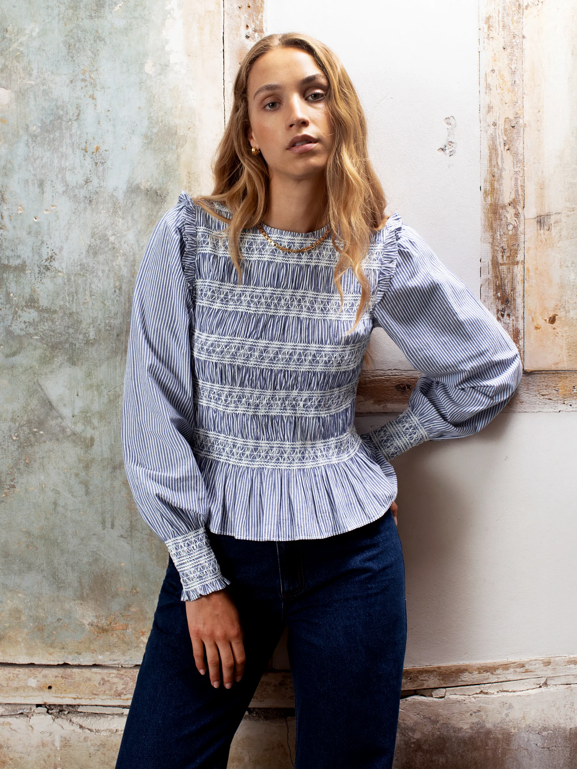 Shirred Embroidered Striped Cotton Blouse - Image 3