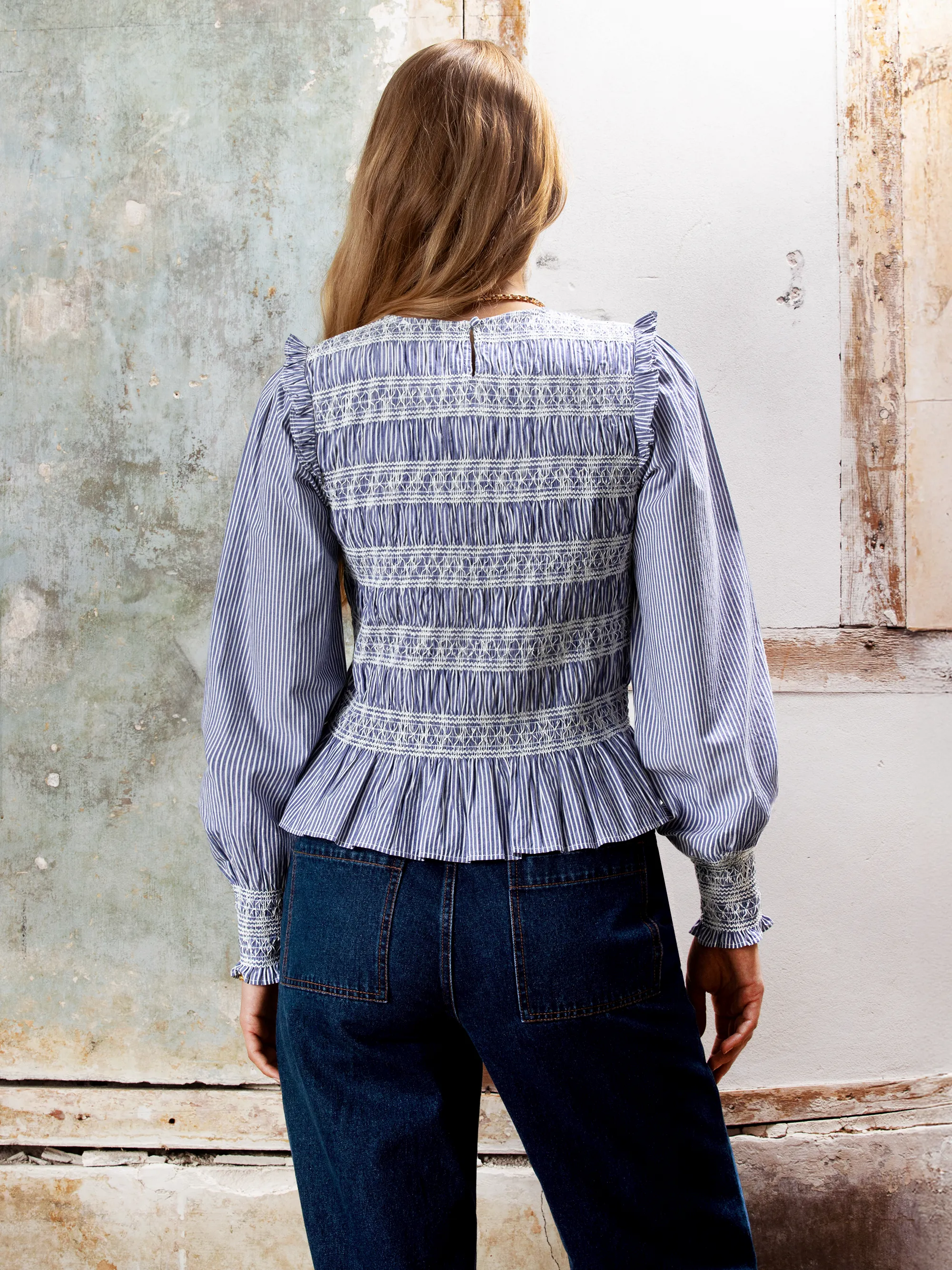 Shirred Embroidered Striped Cotton Blouse - Image 6