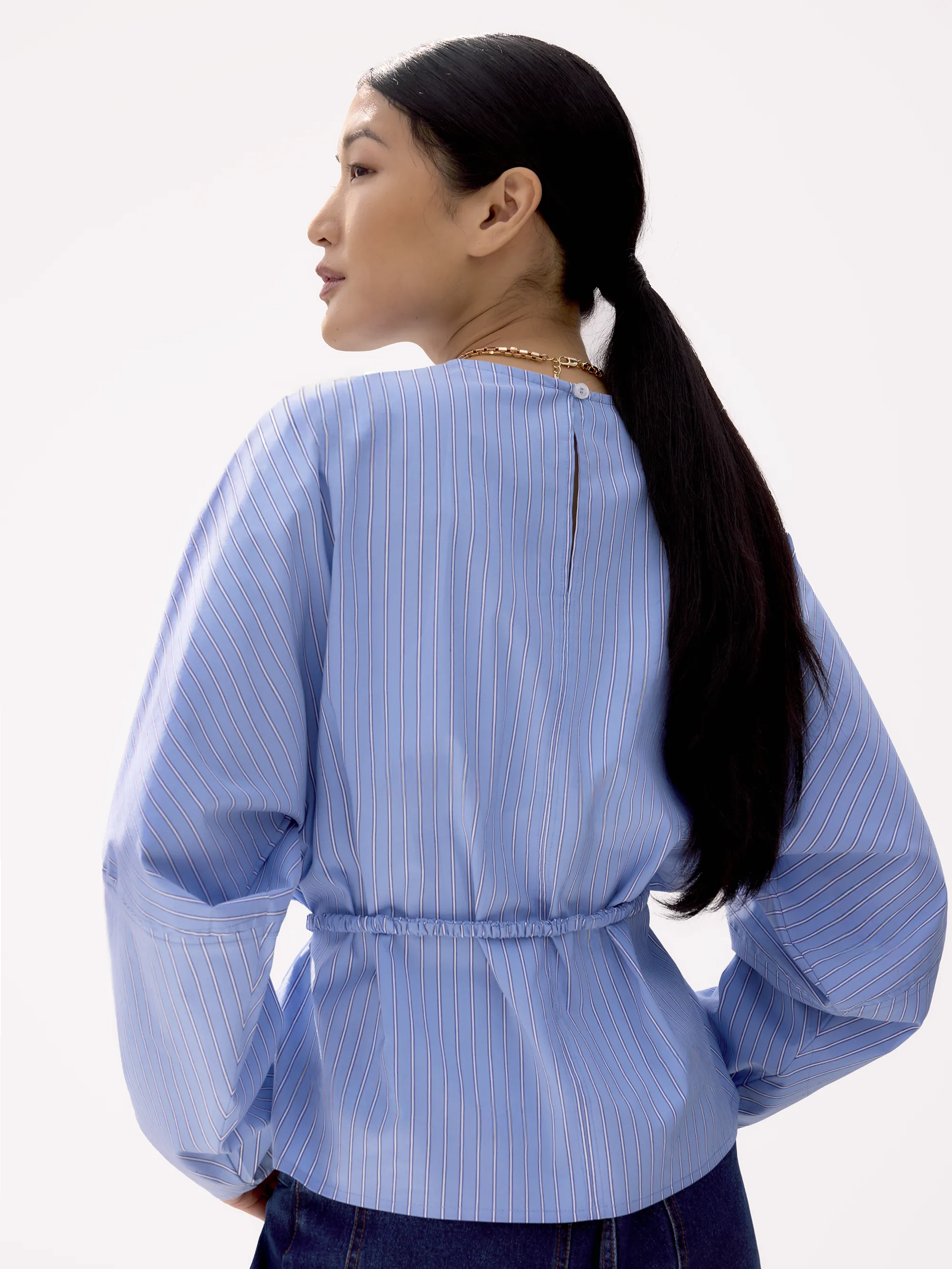 Blue Stripe Tie Waist Blouse - Image 3