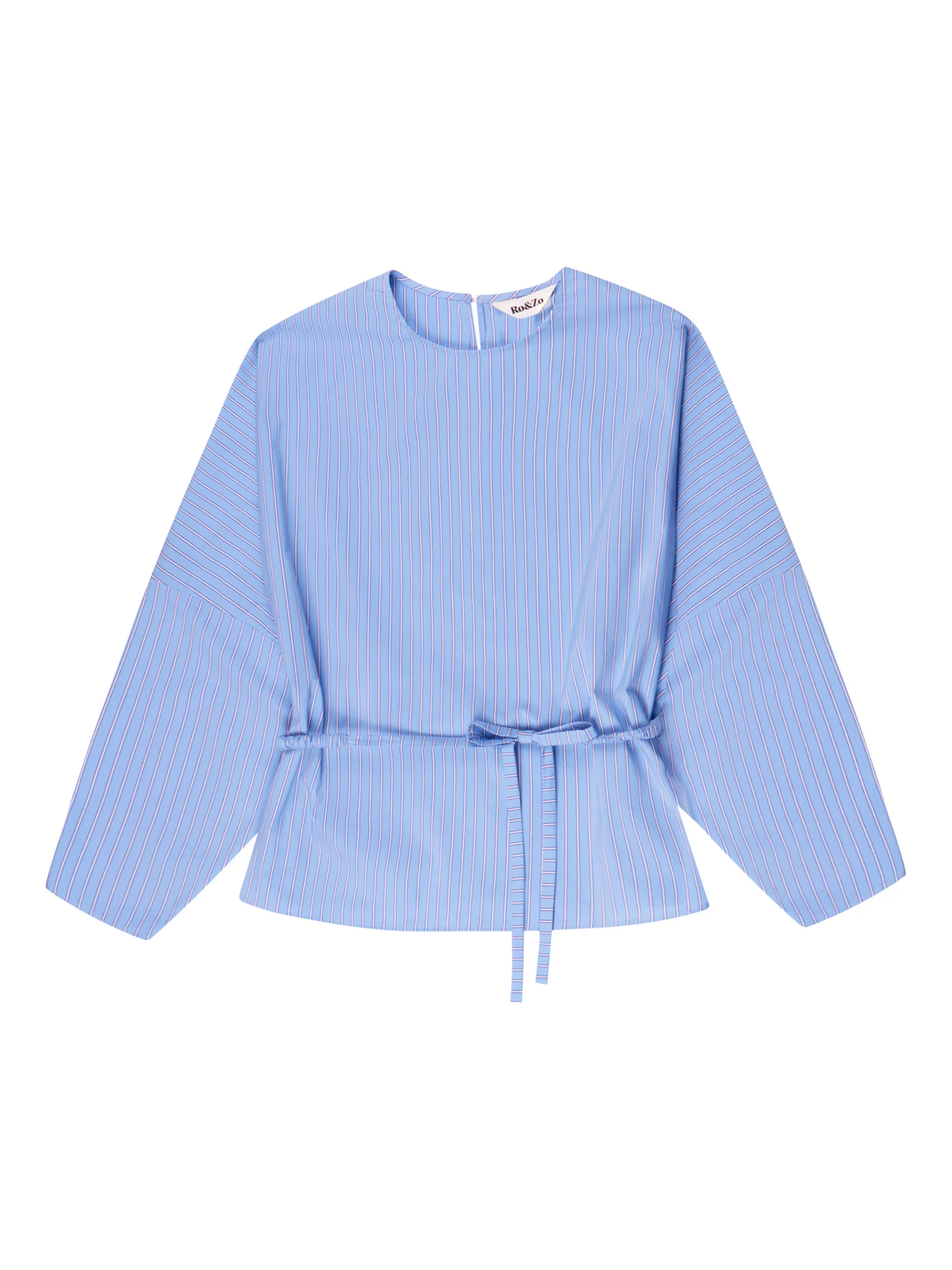 Blue Stripe Tie Waist Blouse - Image 4