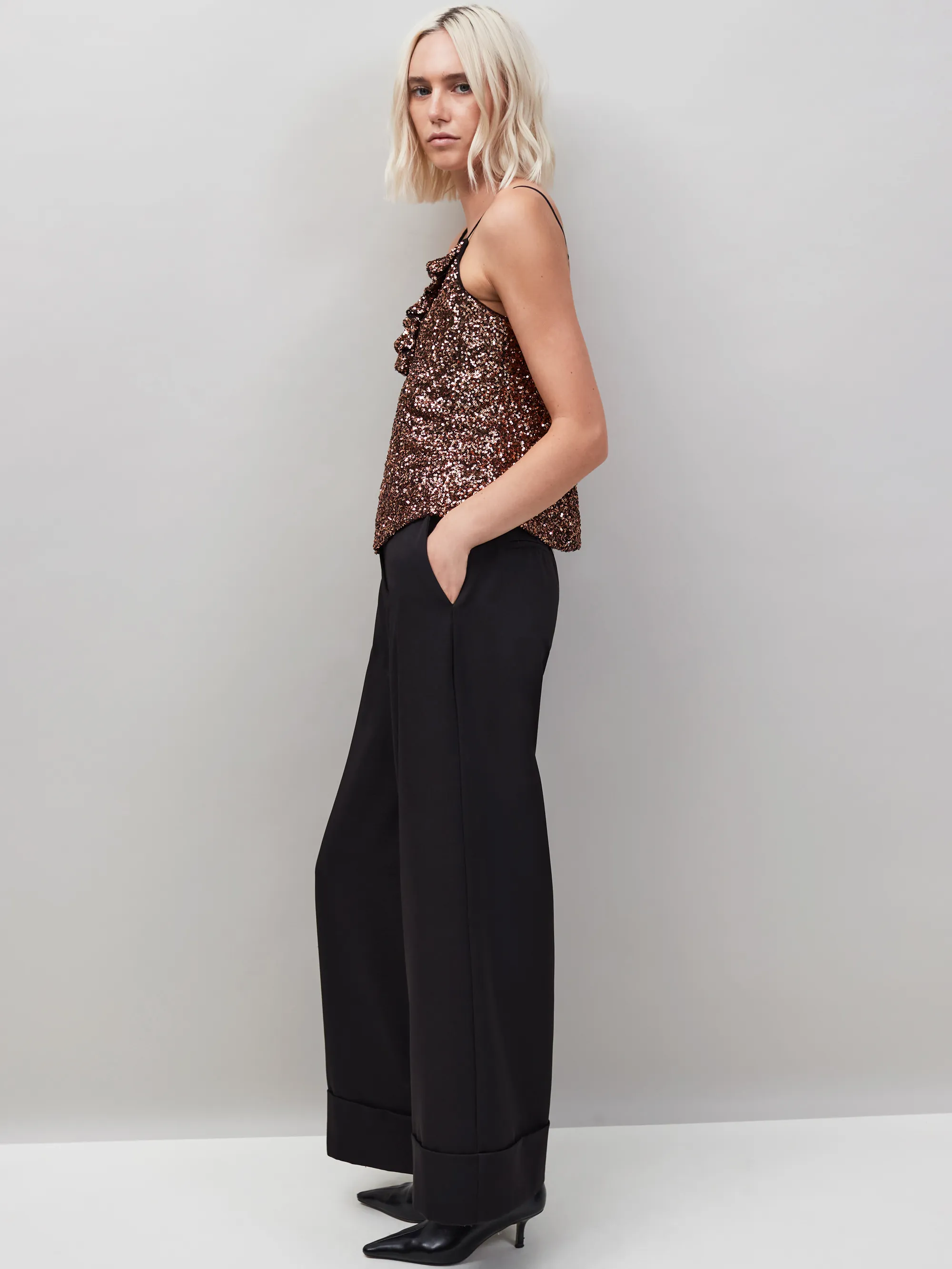 Brown Ruffle Neckline Sequin Cami Top - Image 3