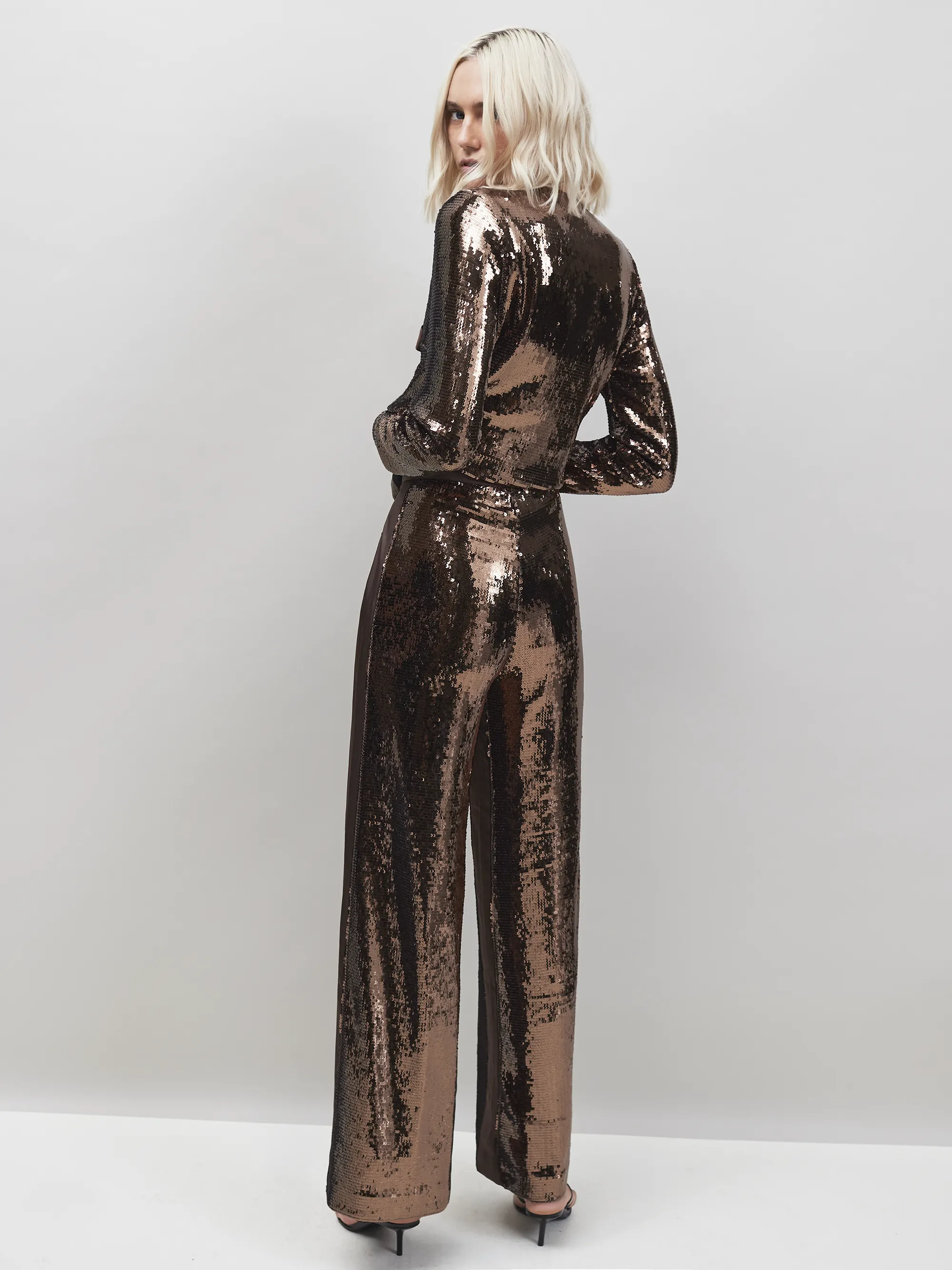 Chocolate Brown Sequinned Satin-Stripe Trousers - Image 3