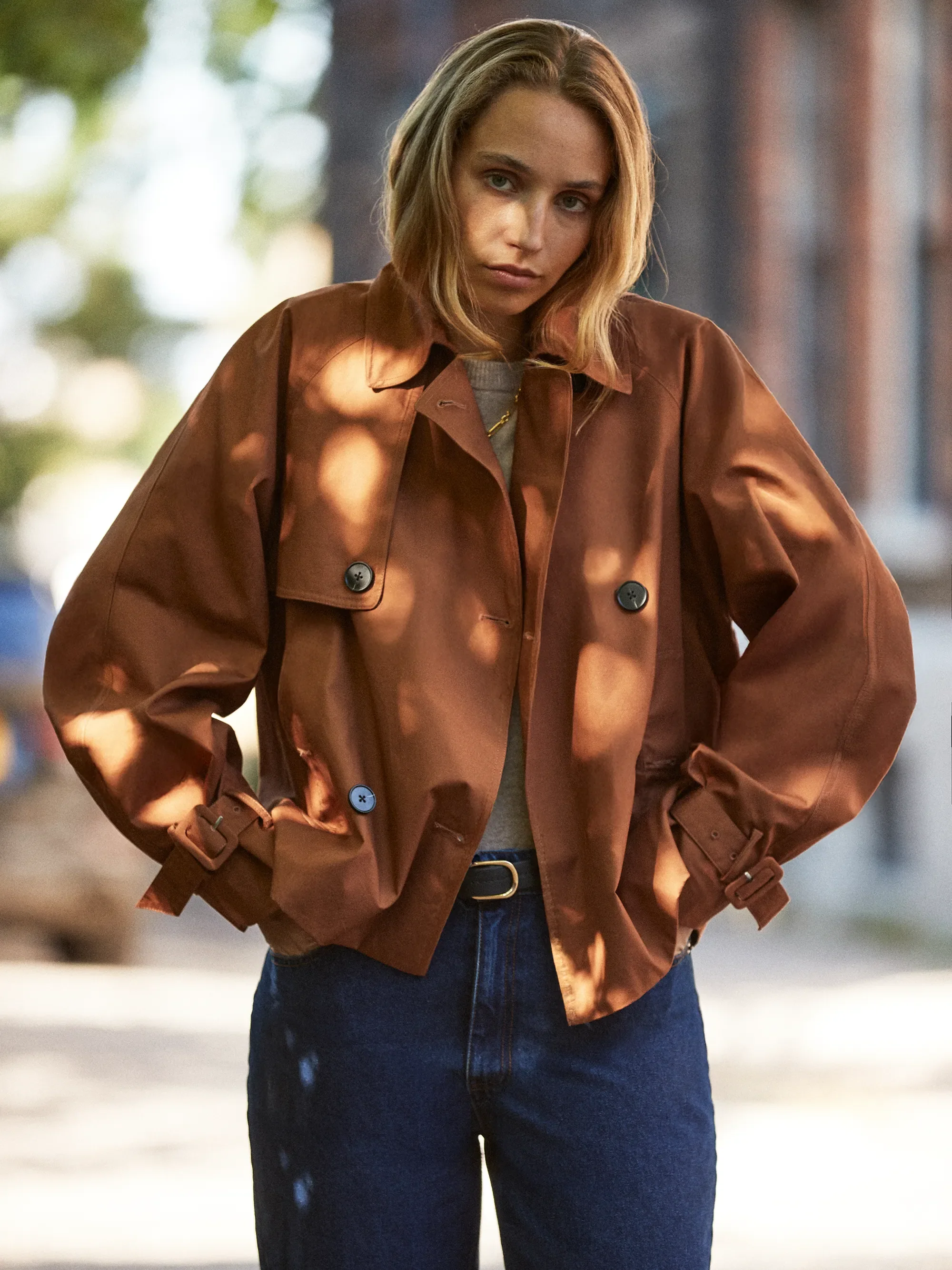 Rust Cropped Cotton Voluminous Sleeve Trench - Image 3