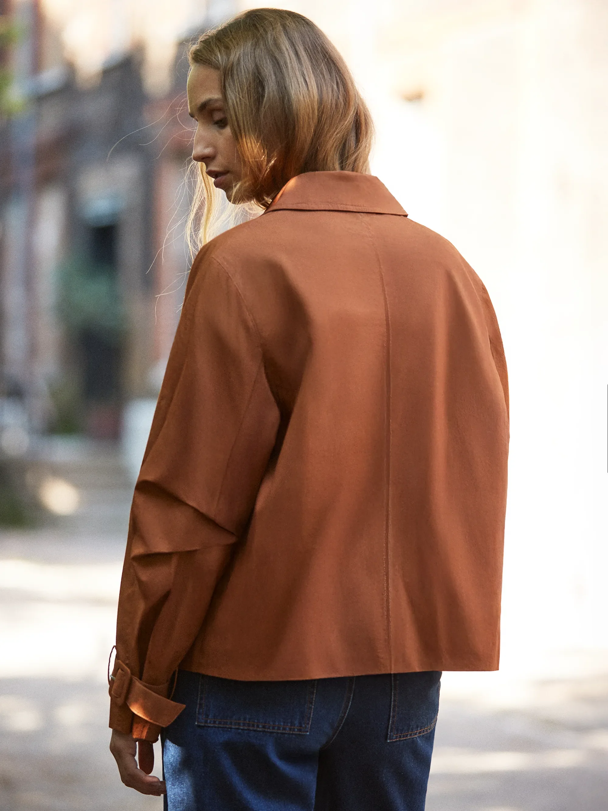 Rust Cropped Cotton Voluminous Sleeve Trench - Image 5