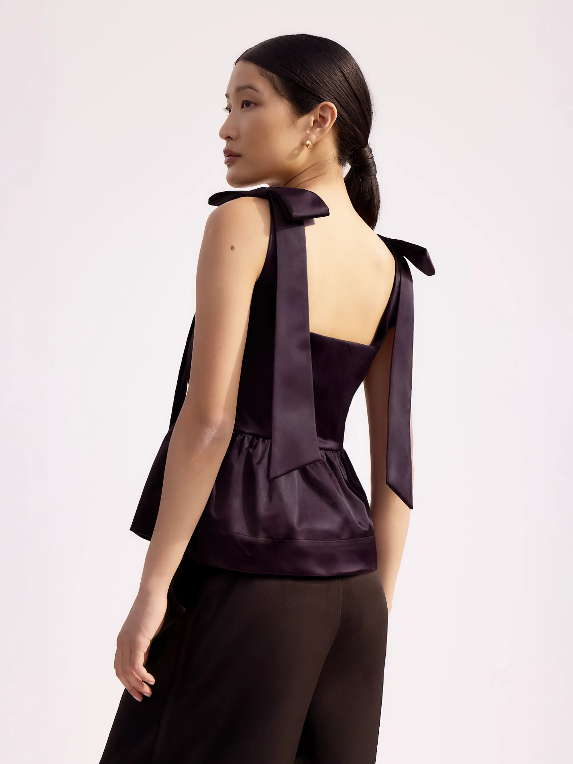 Burgundy Bow-Detail Peplum Satin Top - Image 3