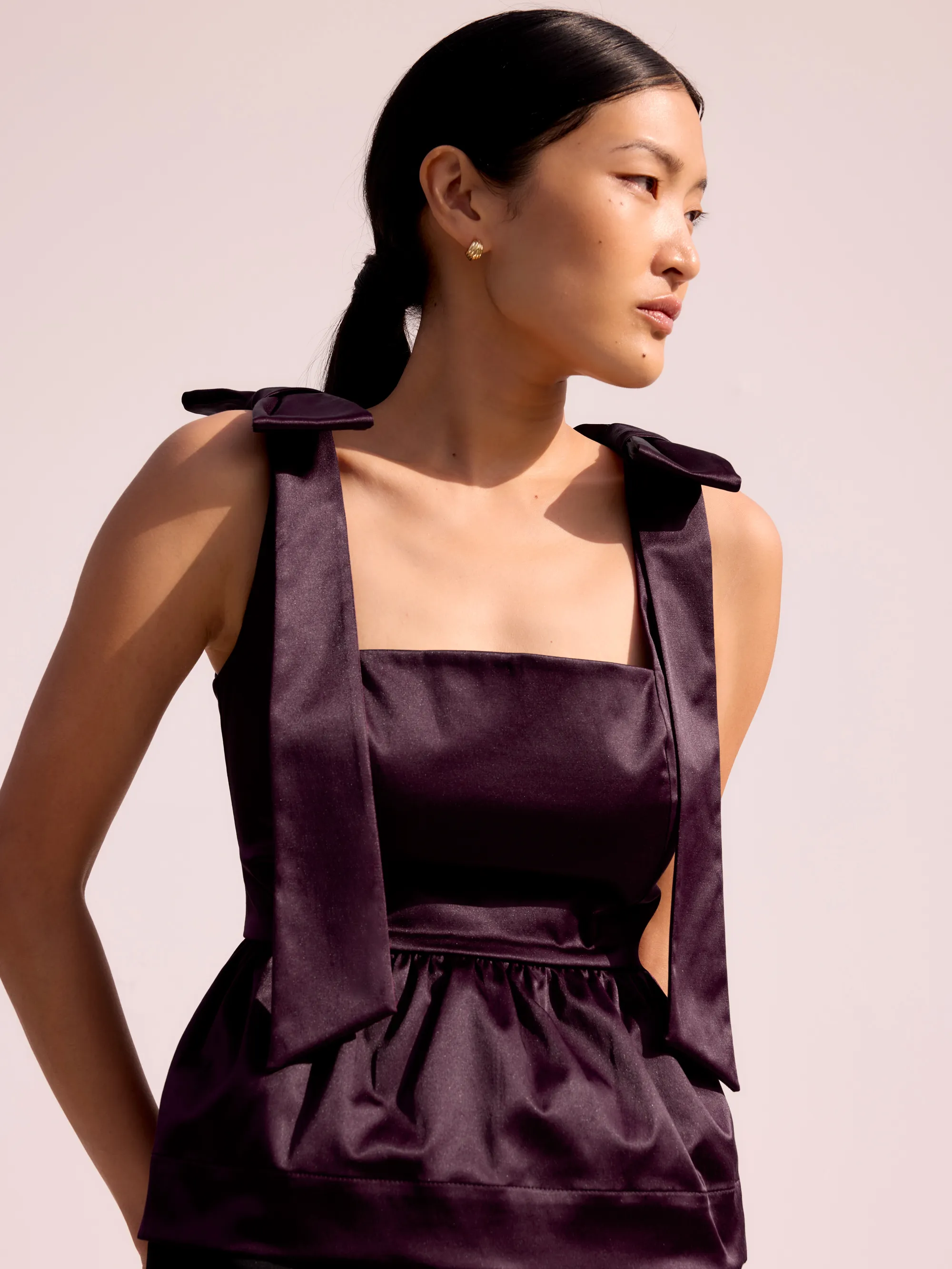 Burgundy Bow-Detail Peplum Satin Top - Image 4