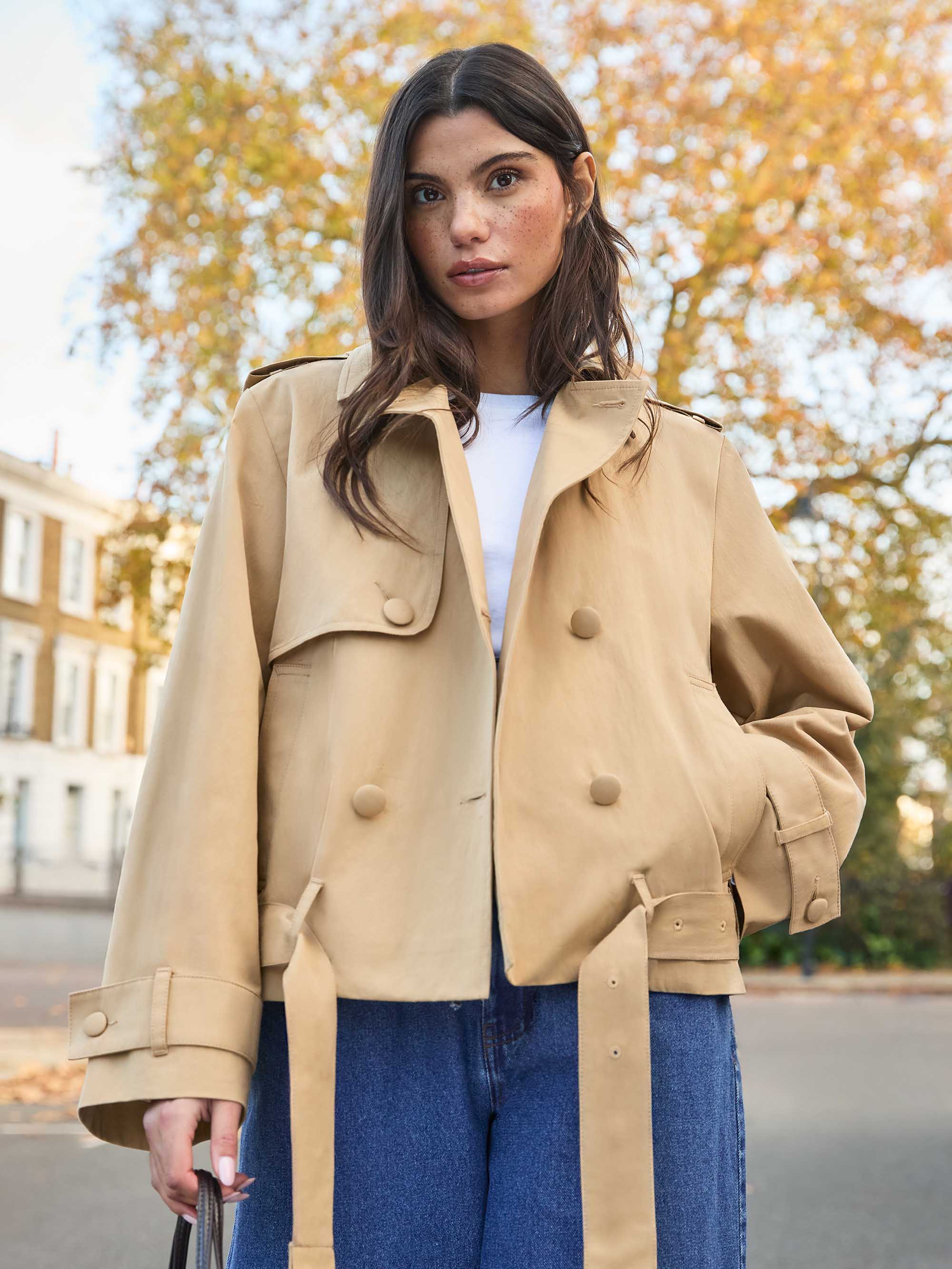 Camel Belted Cropped Trench Jacket - Image 3
