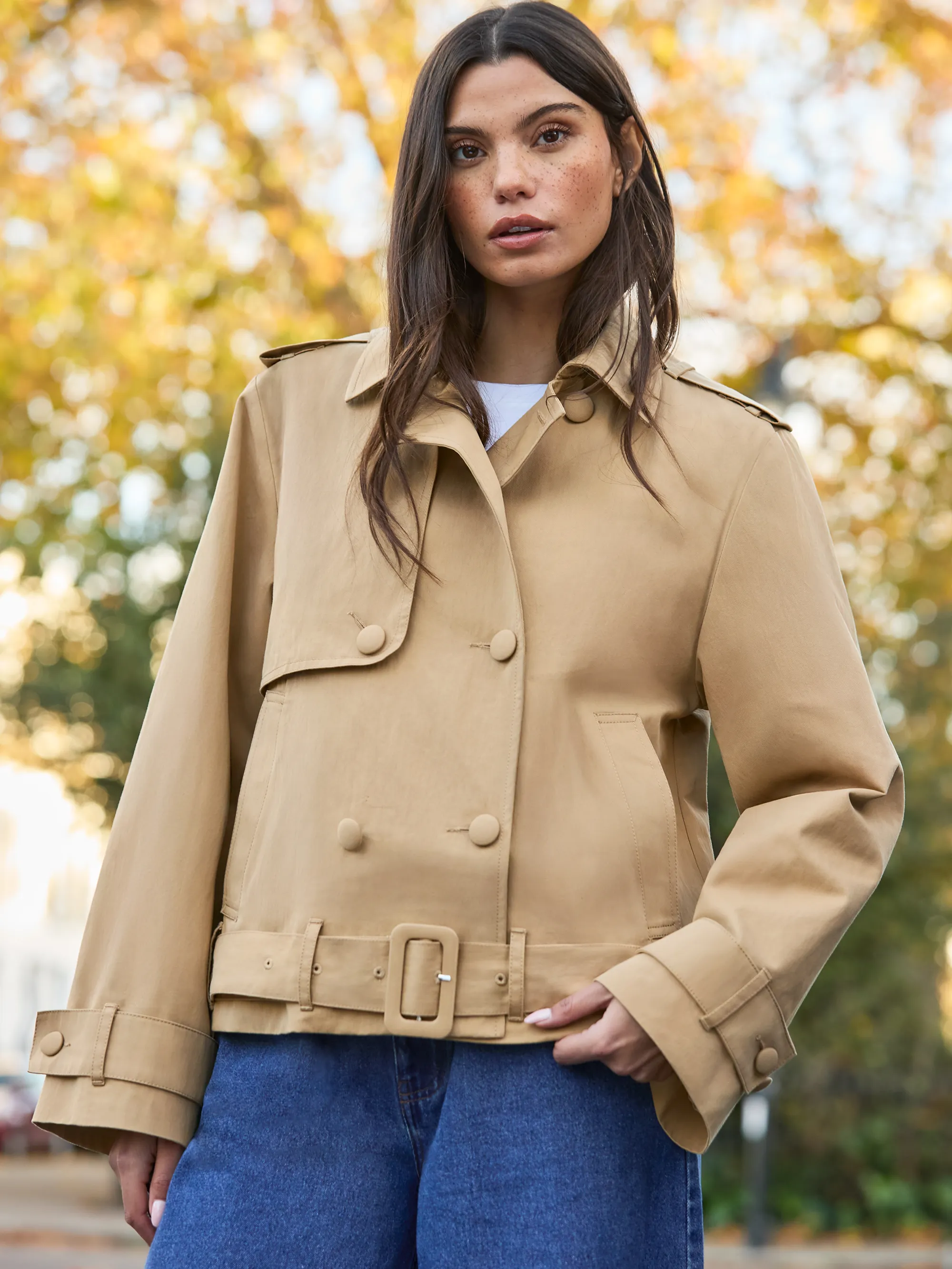Camel Belted Cropped Trench Jacket - Image 5