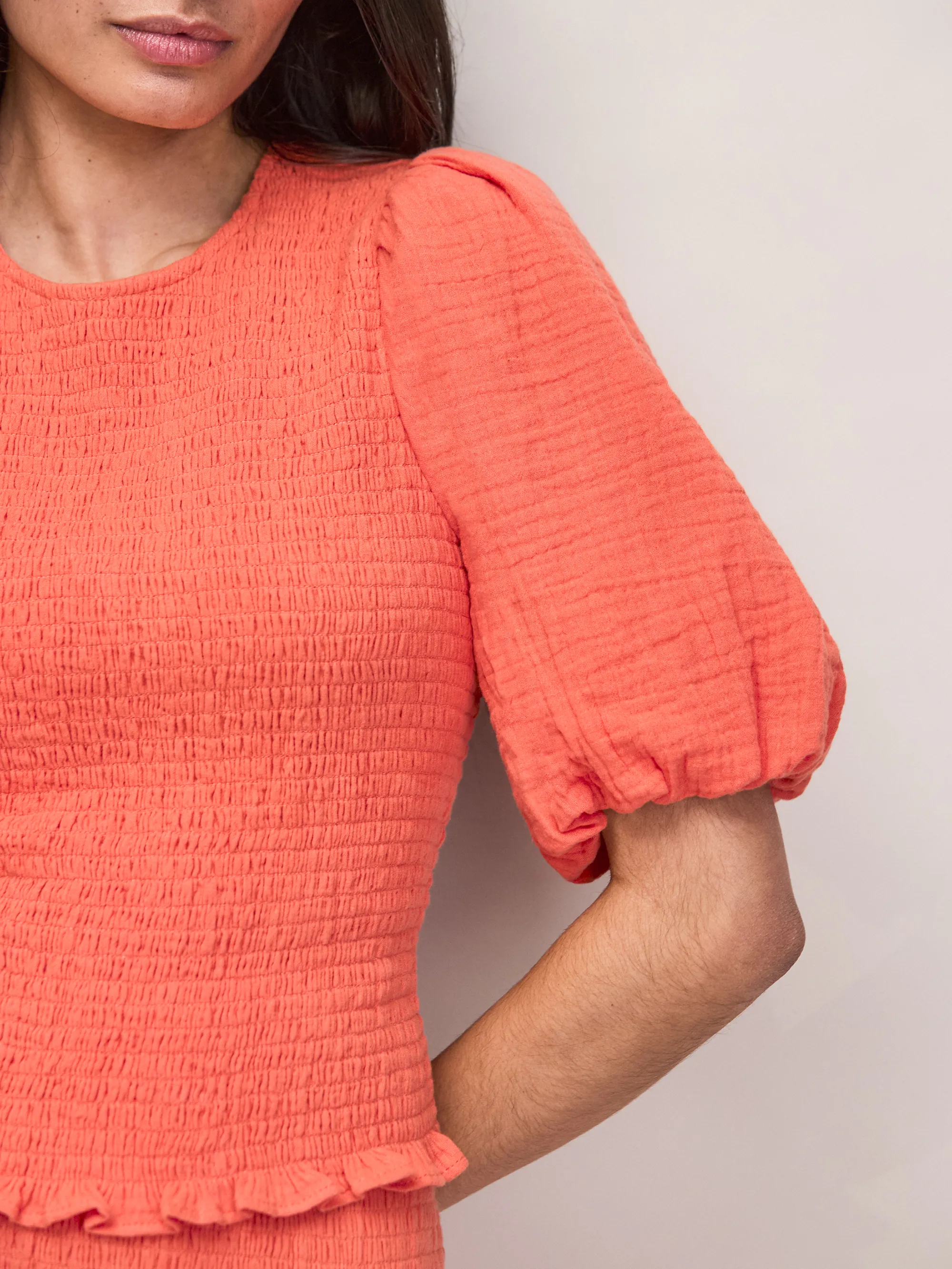 Coral Cheesecloth Shirred Top - Image 4