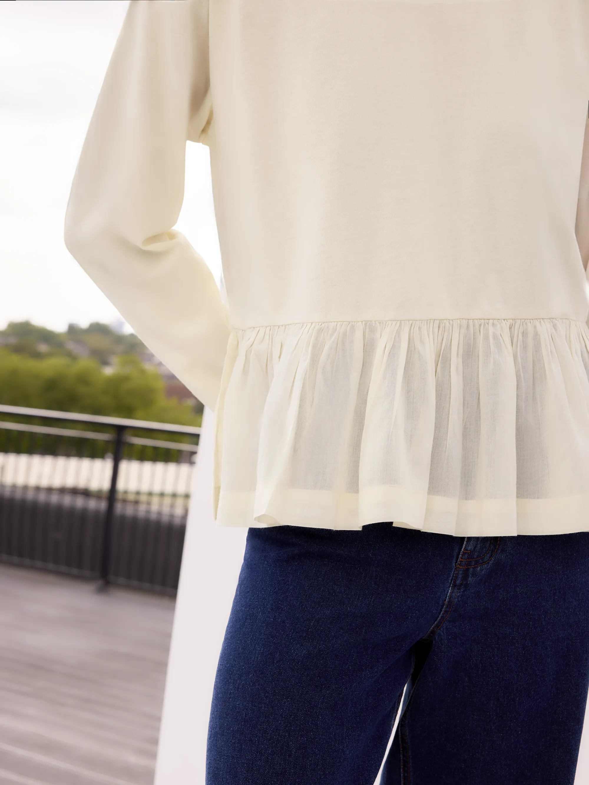 Cream Peplum-Hem Long-Sleeved Organic Cotton T-Shirt - Image 3