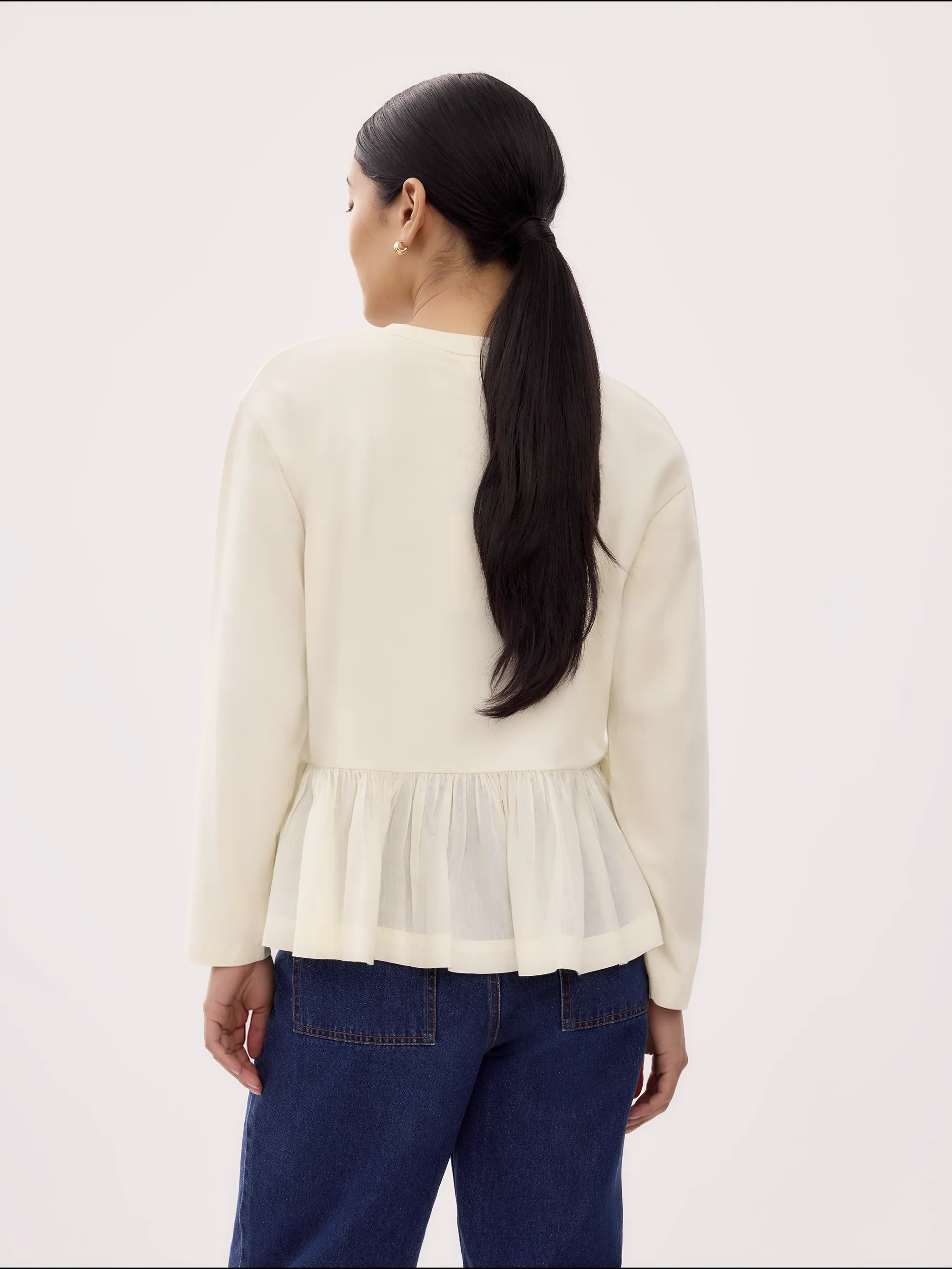 Cream Peplum-Hem Long-Sleeved Organic Cotton T-Shirt - Image 5