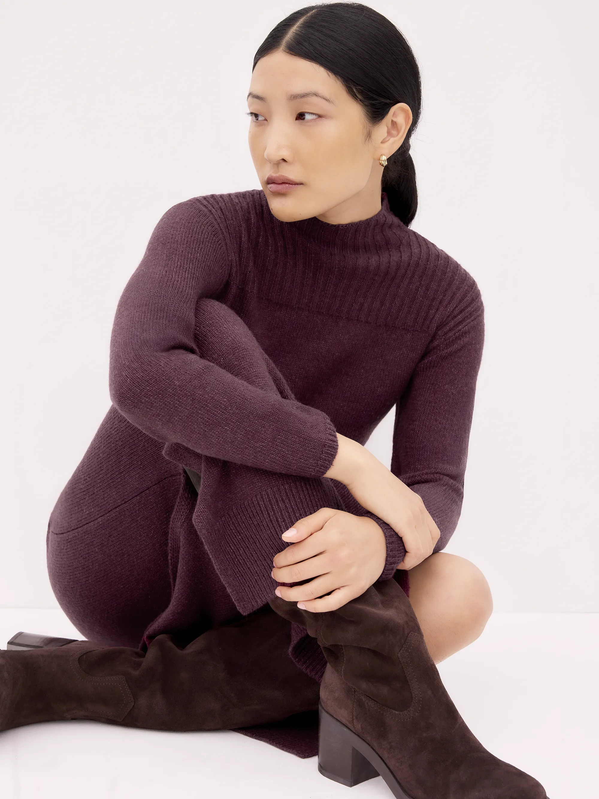Burgundy Rib Knit High Neck Dress - Image 3
