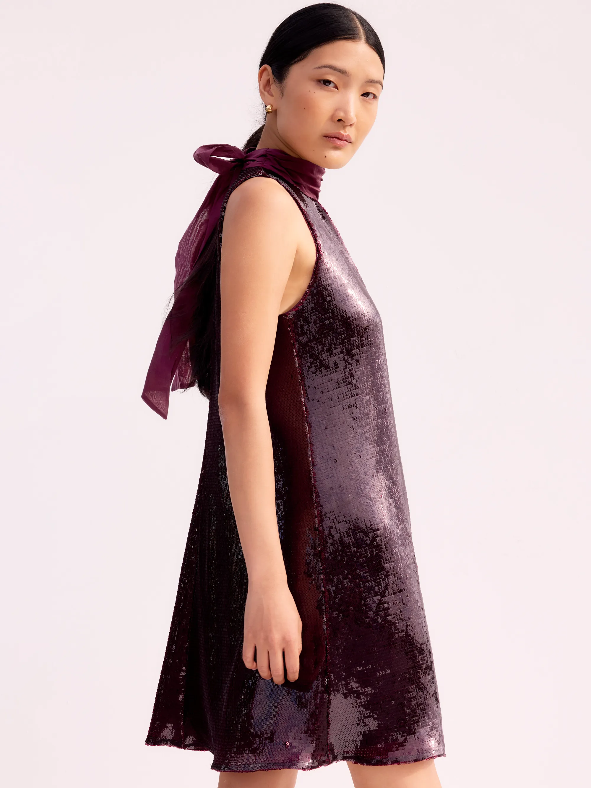 Petite Freya Wine Red Sequinned Halterneck Mini Dress - Image 5