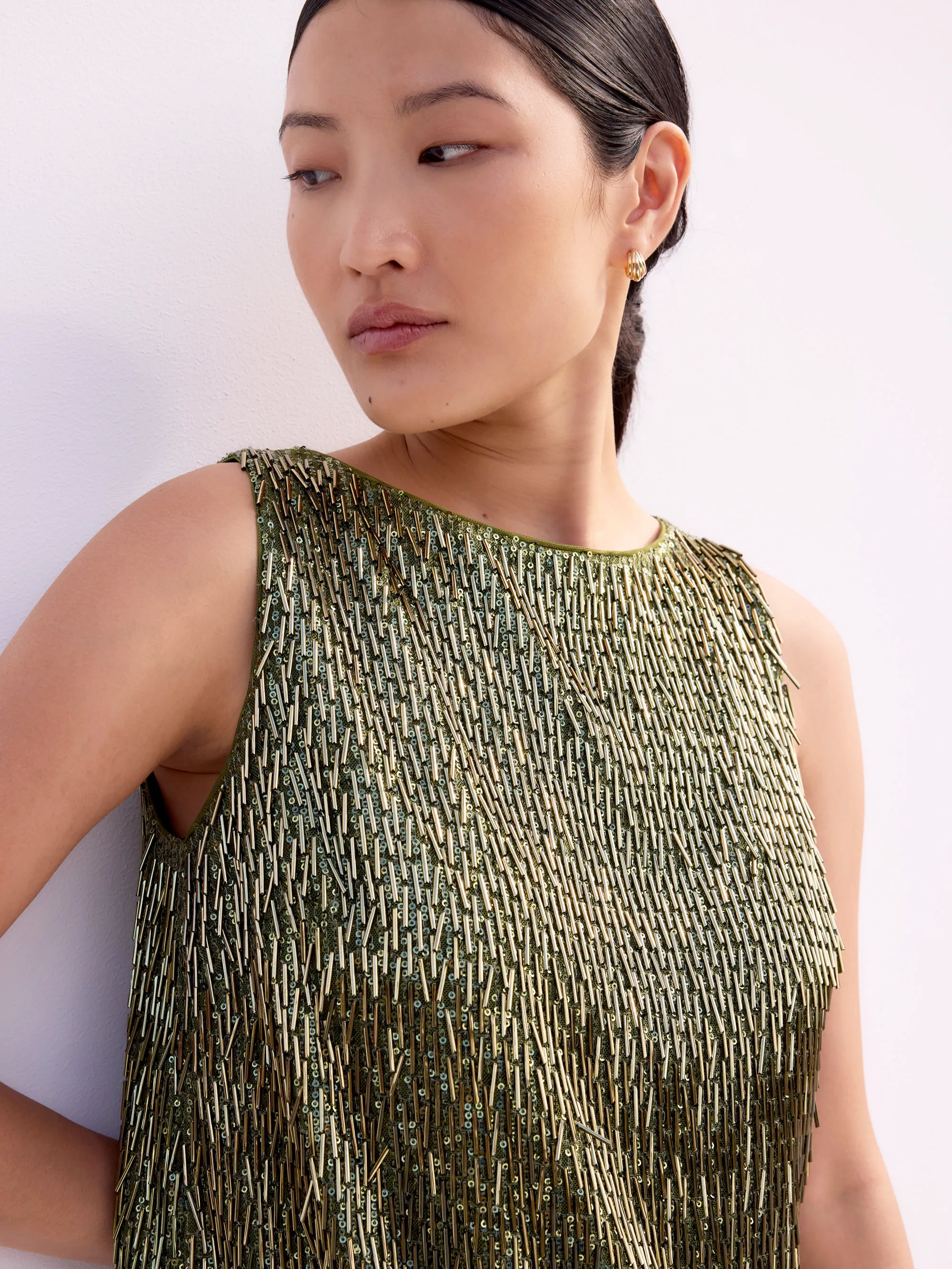 Olive-Green Sequinned Bead-Embellished Top - Image 3