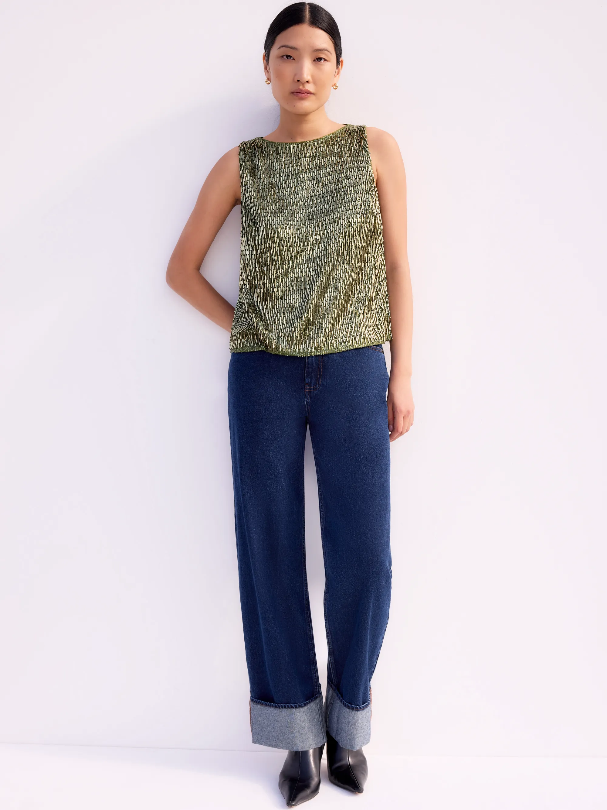 Olive-Green Sequinned Bead-Embellished Top - Image 4