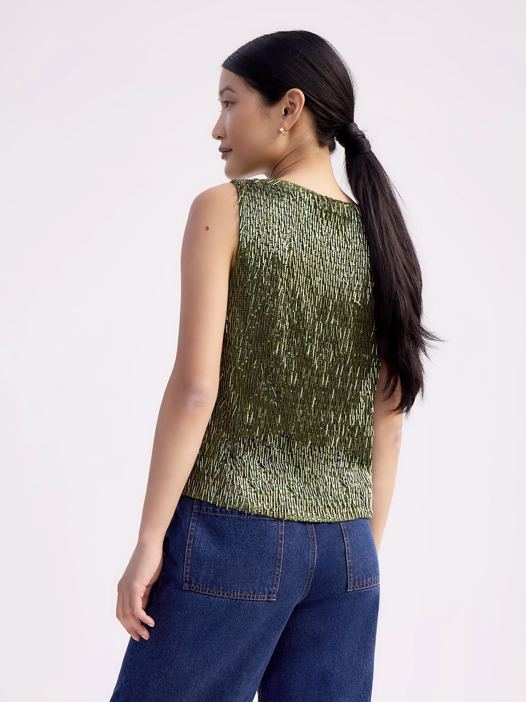 Olive-Green Sequinned Bead-Embellished Top - Image 5