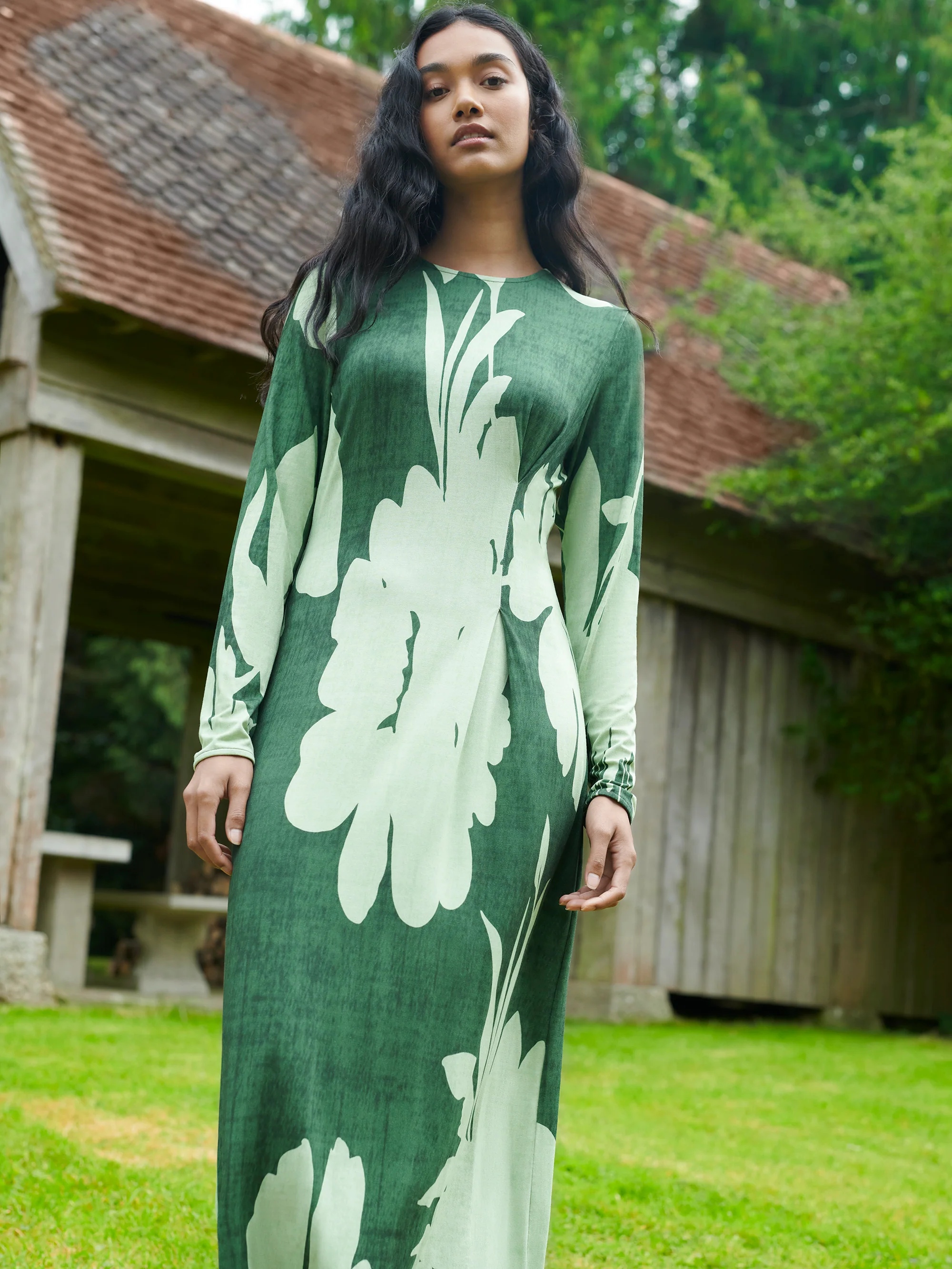 Green Floral Print Jersey Ruched Front Dress - Image 3