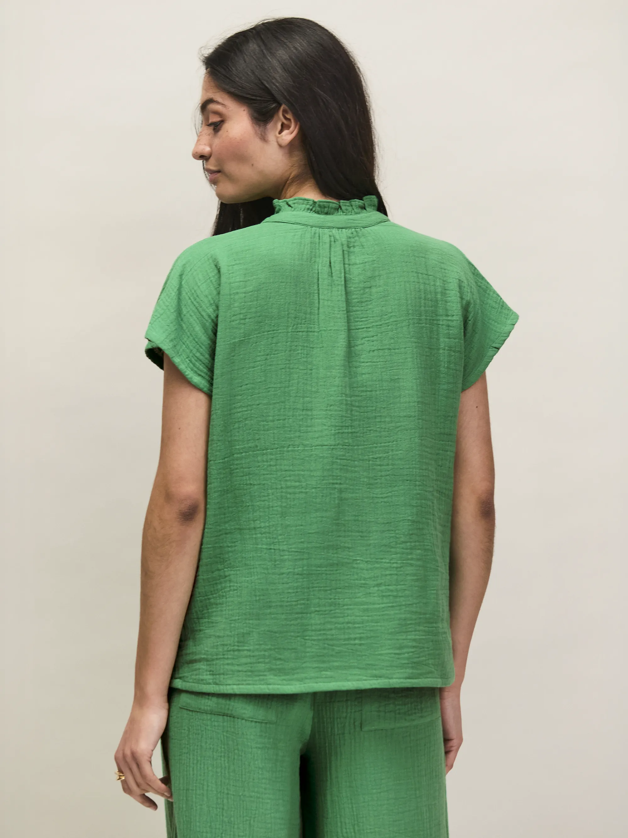 Green Frill-Neckline Cheesecloth Top - Image 5