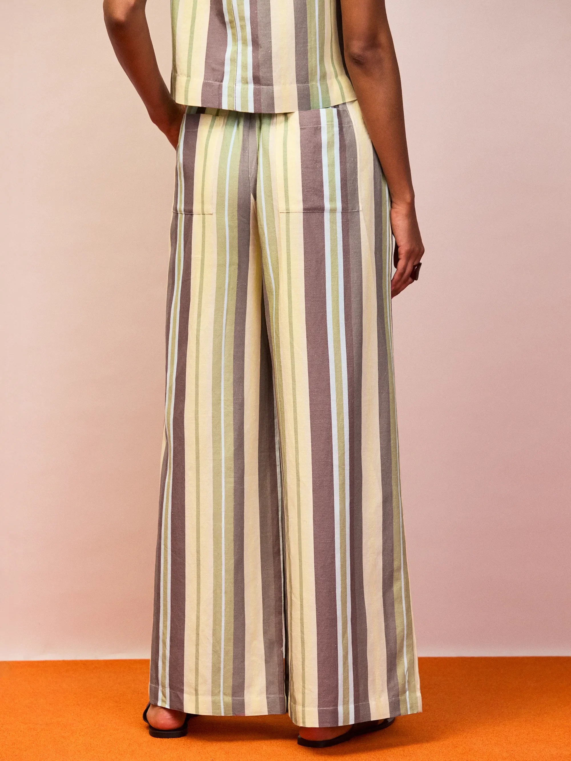 Green Stripe Linen-Blend Wide-Leg Trousers - Image 4