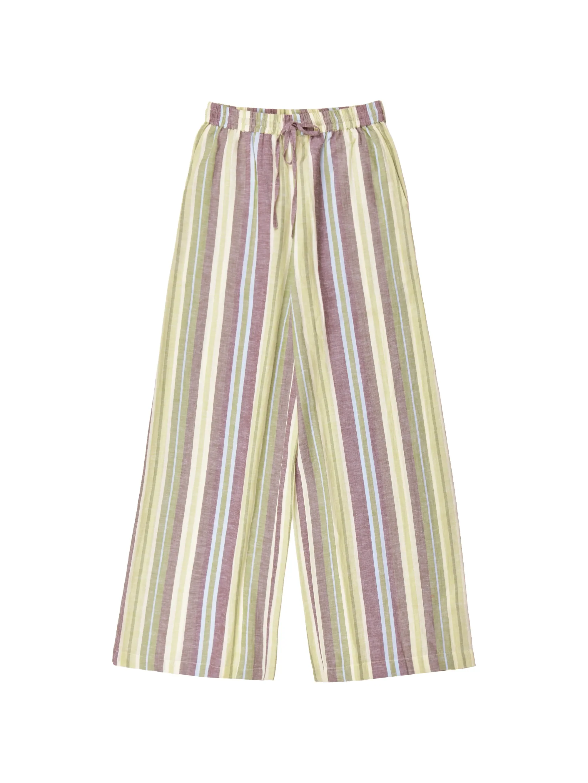 Green Stripe Linen-Blend Wide-Leg Trousers - Image 5