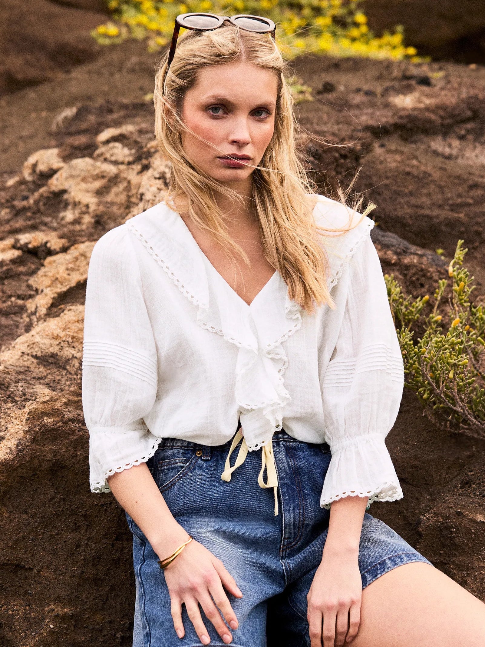 Ivory Cheesecloth Ruffle-Front Blouse - Image 3