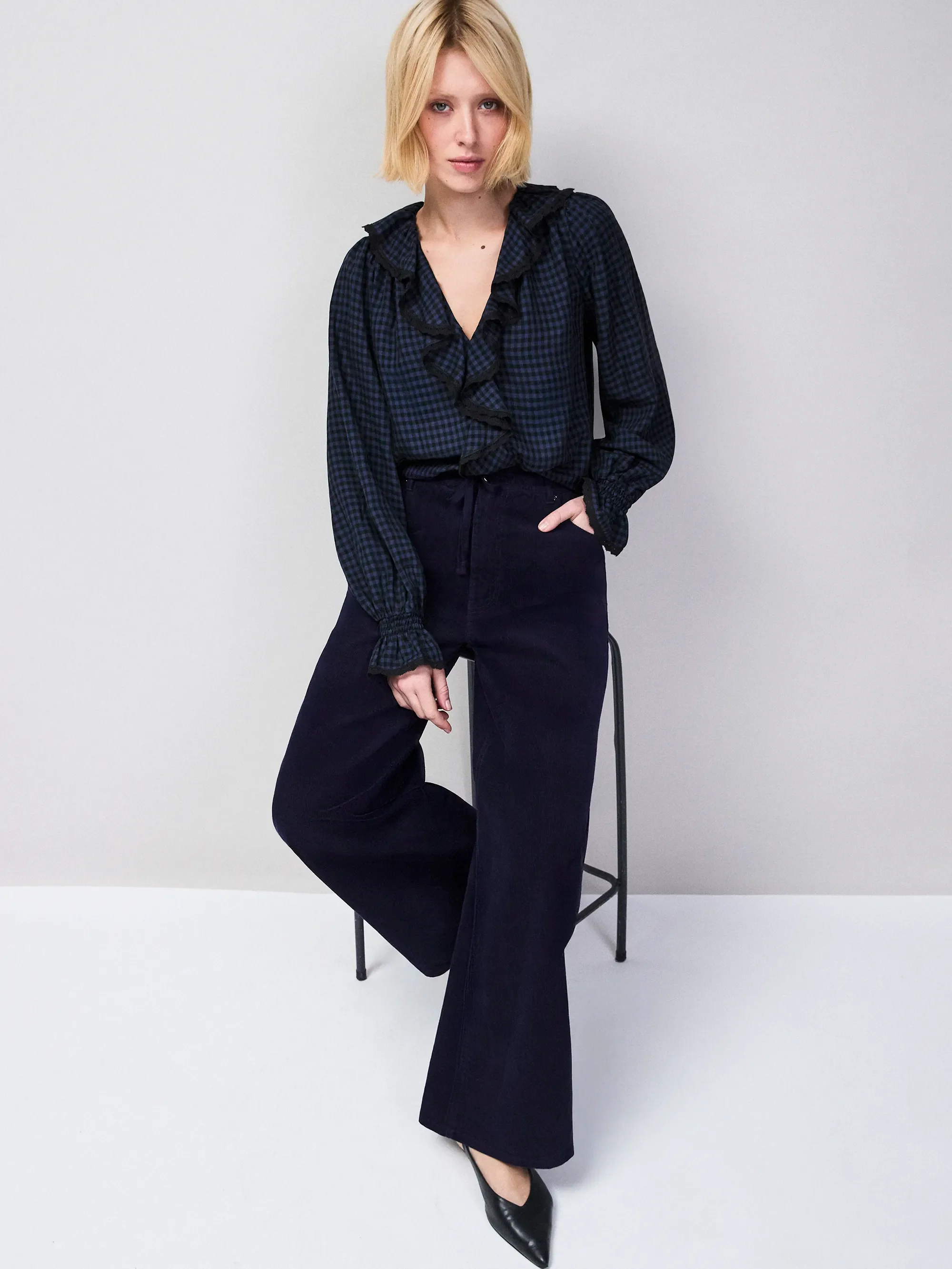 Navy Check Ruffle-Detail Blouse - Image 3