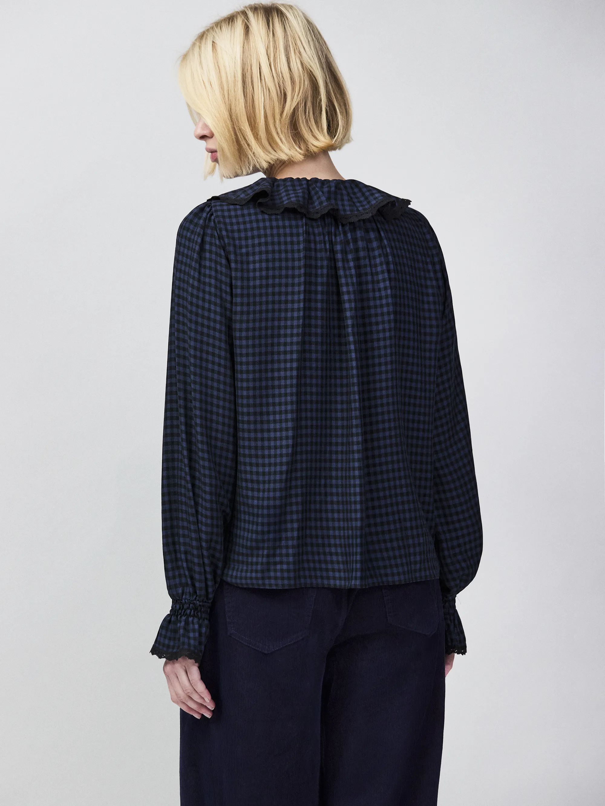Navy Check Ruffle-Detail Blouse - Image 5