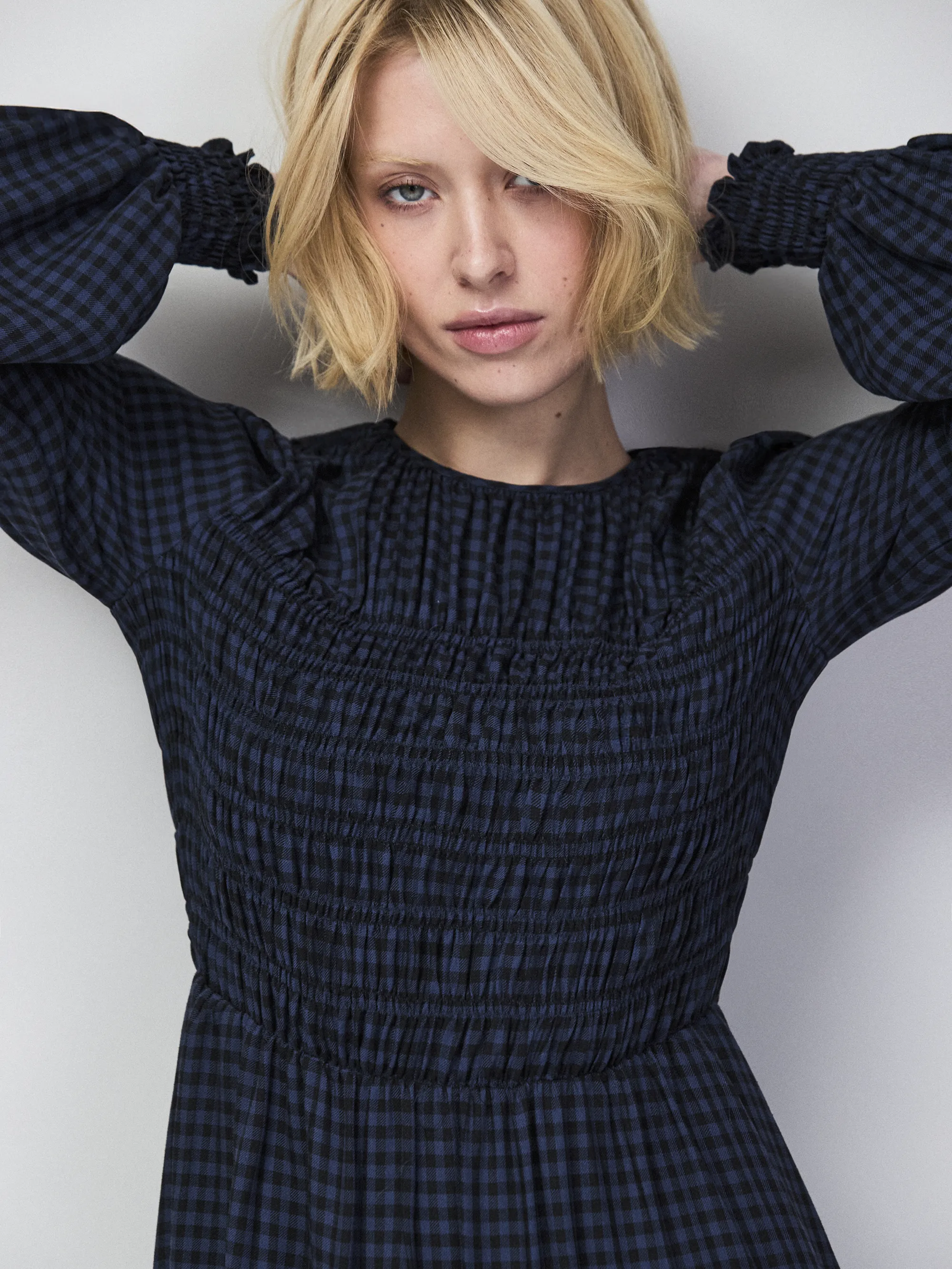 Navy Check Shirred Bodice Dress - Image 3