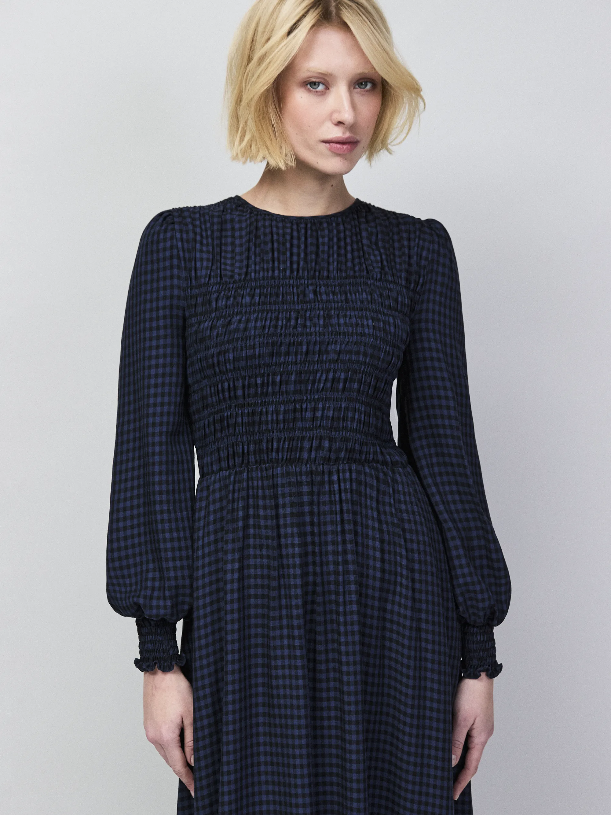 Navy Check Shirred Bodice Dress - Image 4